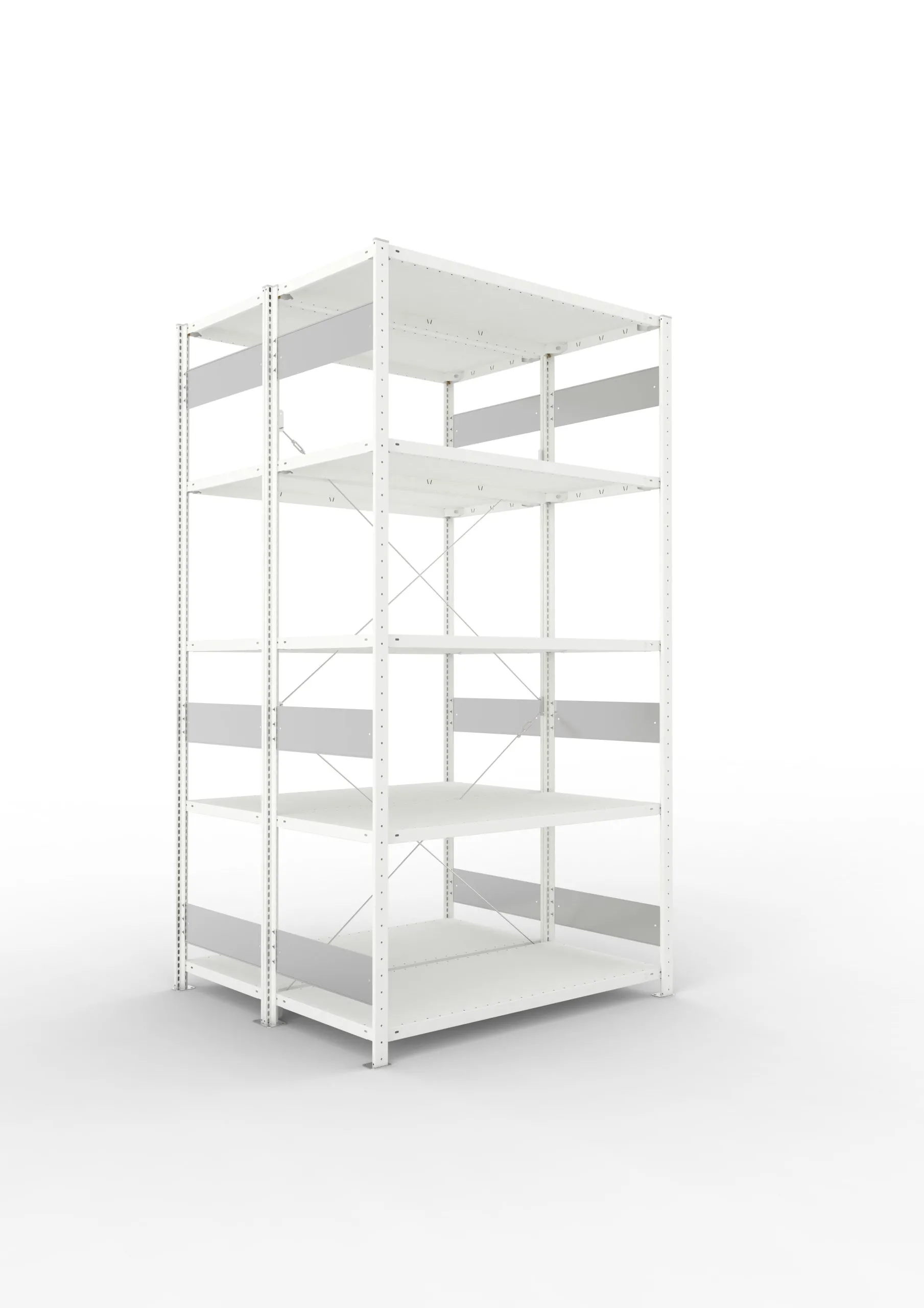 Meta Fachbodenregal Stecksystem S3 CLIP | Grundregal | HxBxT 250x130x120cm | 5 Ebenen | Fachlast 230kg | Doppelseitige Bauart mit Diagonalverstrebung | Lichtgrau