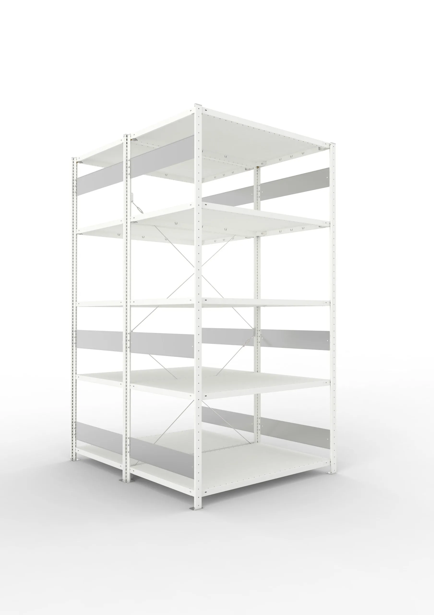 Meta Fachbodenregal Stecksystem S3 CLIP | Grundregal | HxBxT 250x130x160cm | 5 Ebenen | Fachlast 230kg | Doppelseitige Bauart mit Diagonalverstrebung | Lichtgrau