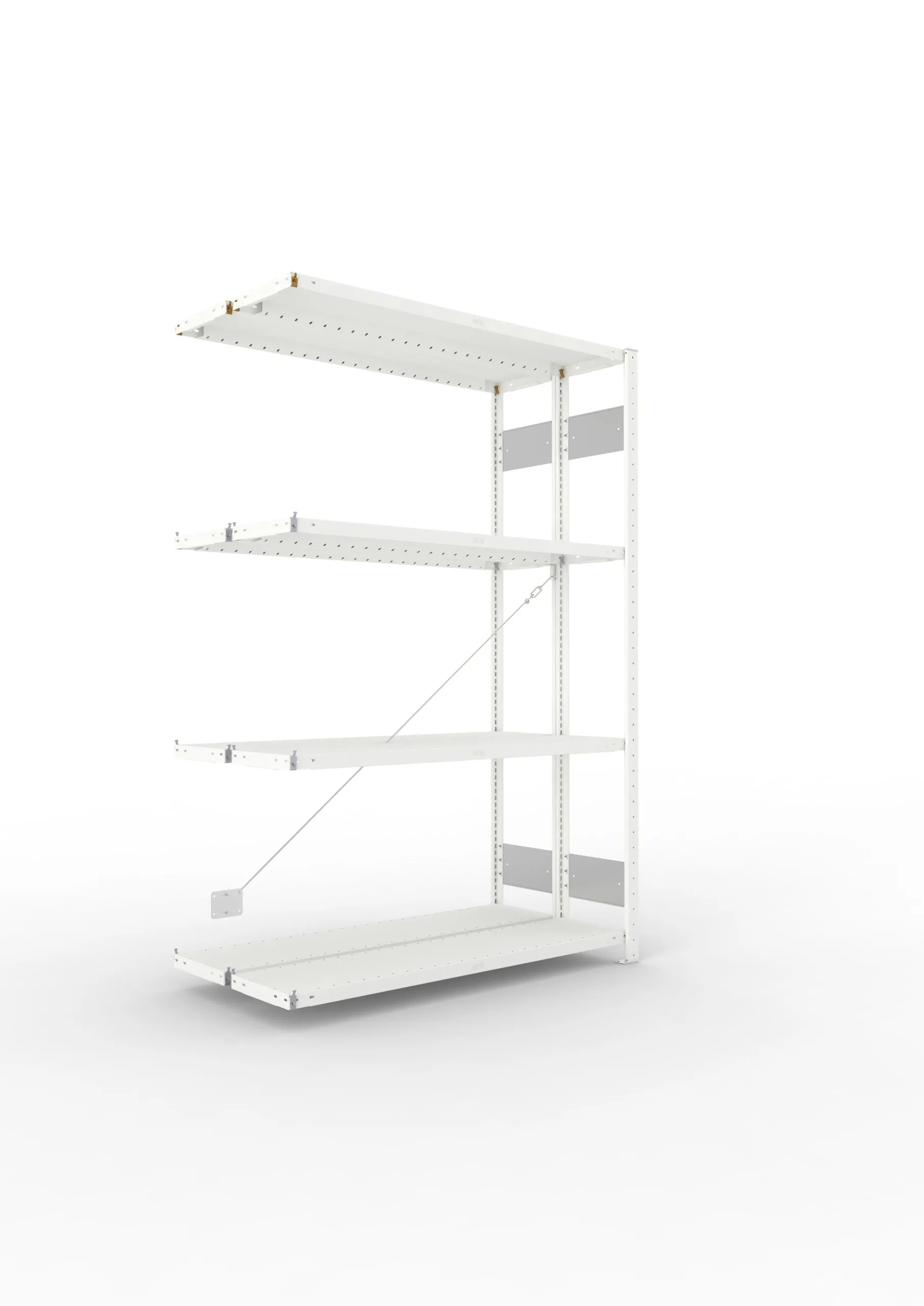 Meta Fachbodenregal Stecksystem S3 CLIP | Anbauregal | HxBxT 200x130x60cm | 4 Ebenen | Fachlast 230kg | Doppelseitige Bauart mit Diagonalverstrebung | Lichtgrau