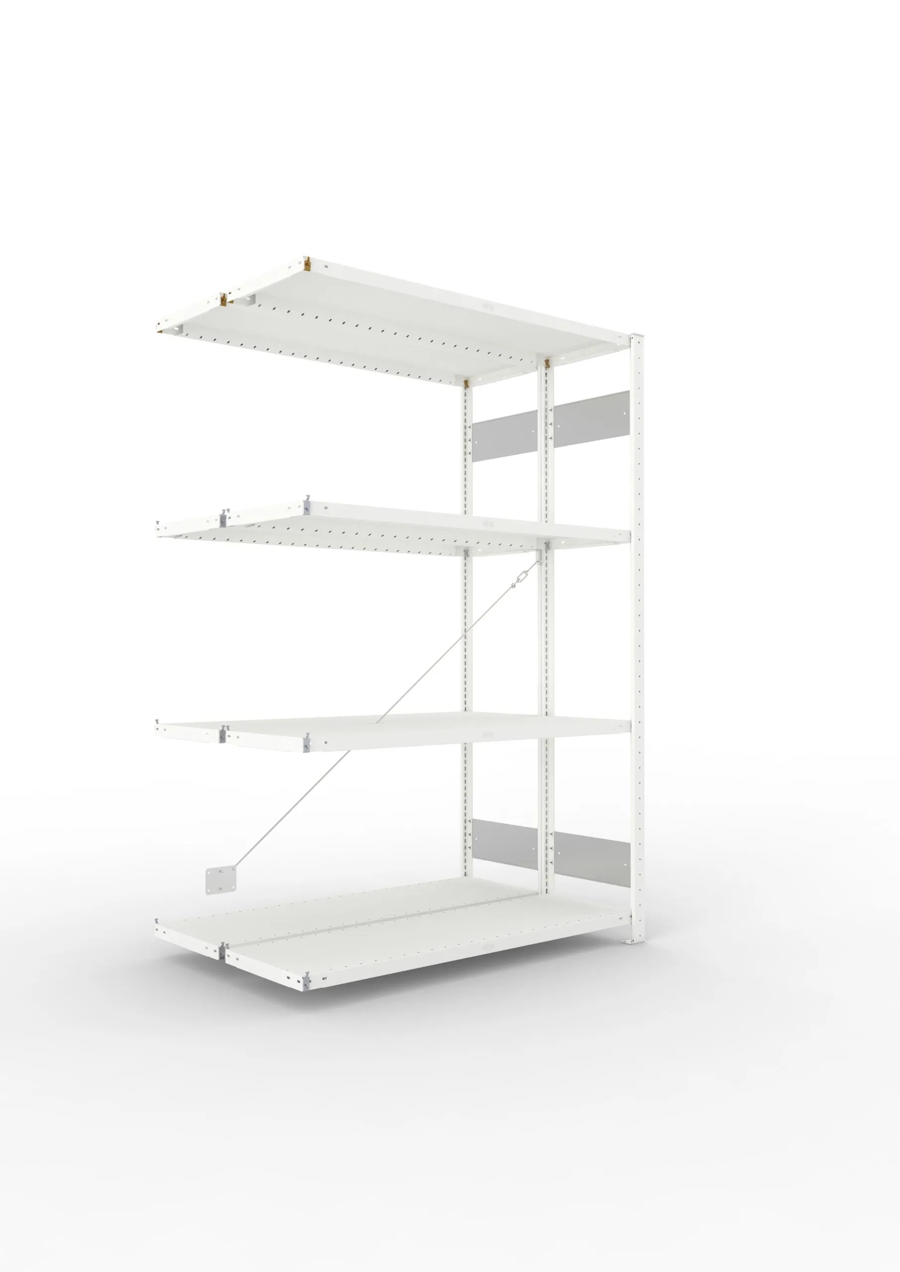 Meta Fachbodenregal Stecksystem S3 CLIP | Anbauregal | HxBxT 200x130x80cm | 4 Ebenen | Fachlast 230kg | Doppelseitige Bauart mit Diagonalverstrebung | Lichtgrau