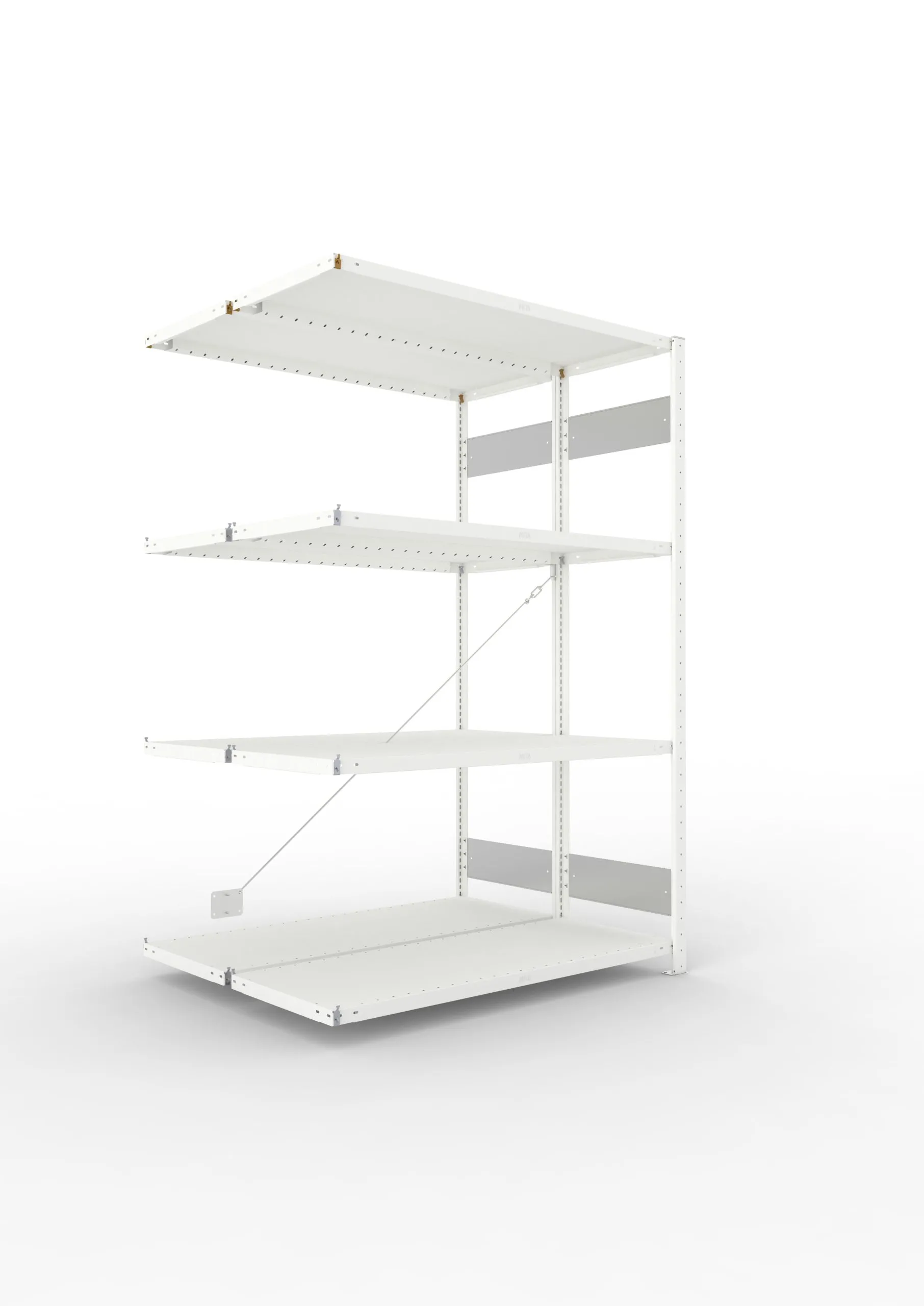 Meta Fachbodenregal Stecksystem S3 CLIP | Anbauregal | HxBxT 200x130x100cm | 4 Ebenen | Fachlast 230kg | Doppelseitige Bauart mit Diagonalverstrebung | Lichtgrau