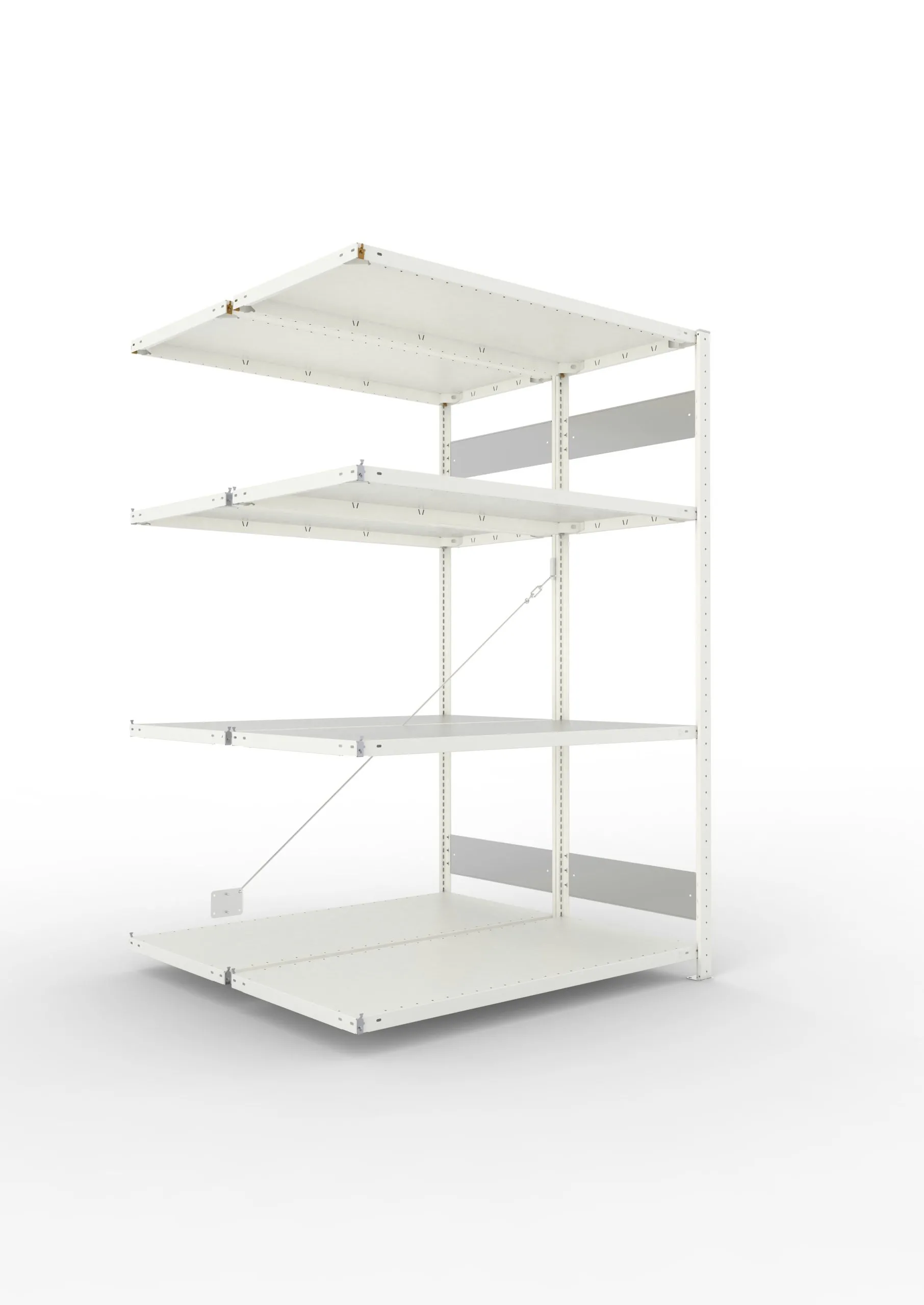 Meta Fachbodenregal Stecksystem S3 CLIP | Anbauregal | HxBxT 200x130x120cm | 4 Ebenen | Fachlast 230kg | Doppelseitige Bauart mit Diagonalverstrebung | Lichtgrau