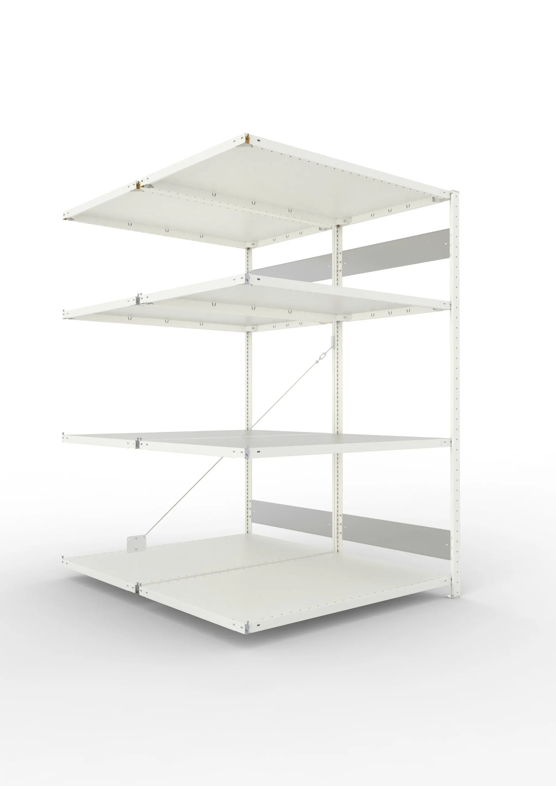 Meta Fachbodenregal Stecksystem S3 CLIP | Anbauregal | HxBxT 200x130x160cm | 4 Ebenen | Fachlast 230kg | Doppelseitige Bauart mit Diagonalverstrebung | Lichtgrau