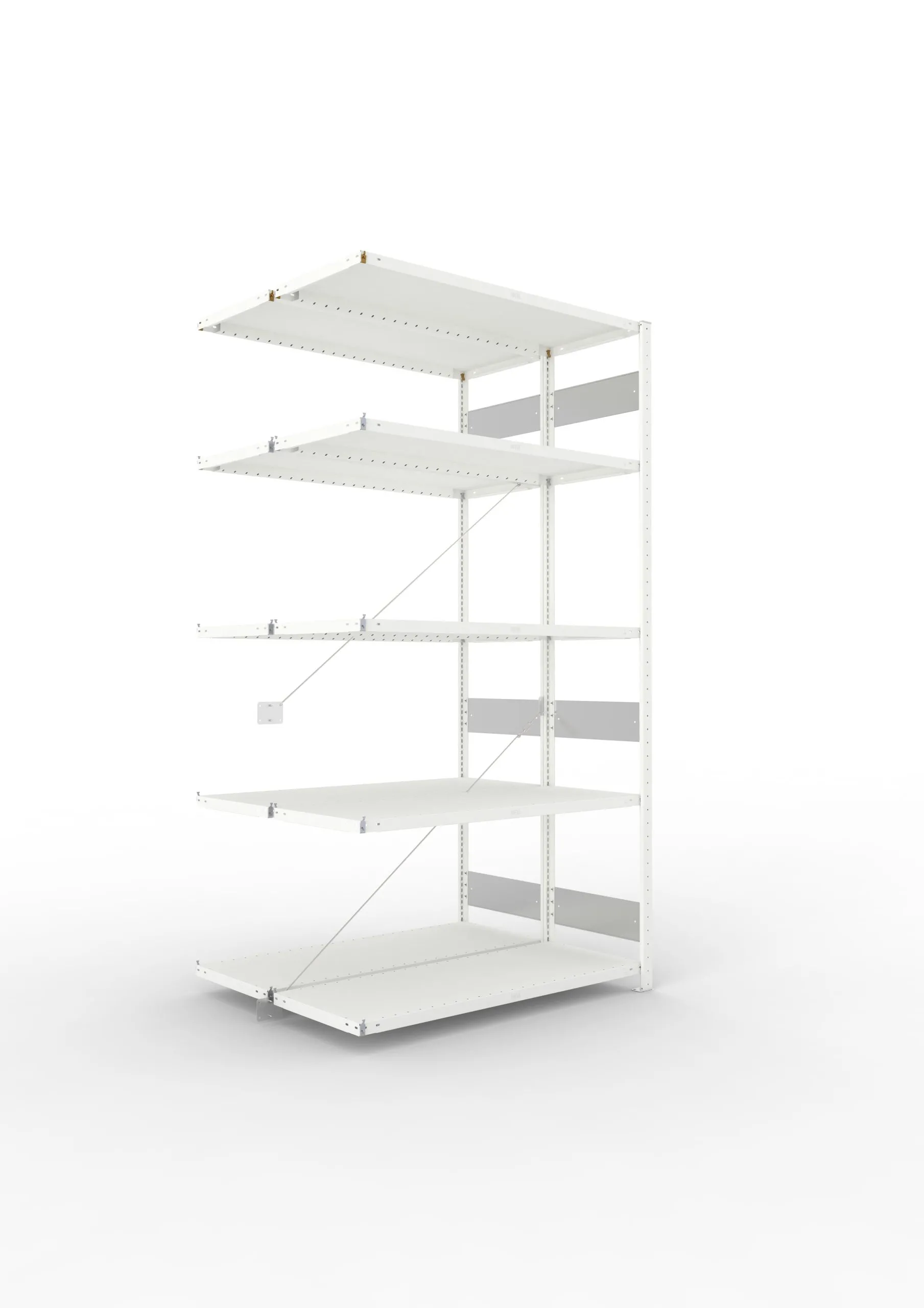Meta Fachbodenregal Stecksystem S3 CLIP | Anbauregal | HxBxT 250x130x100cm | 5 Ebenen | Fachlast 230kg | Doppelseitige Bauart mit Diagonalverstrebung | Lichtgrau