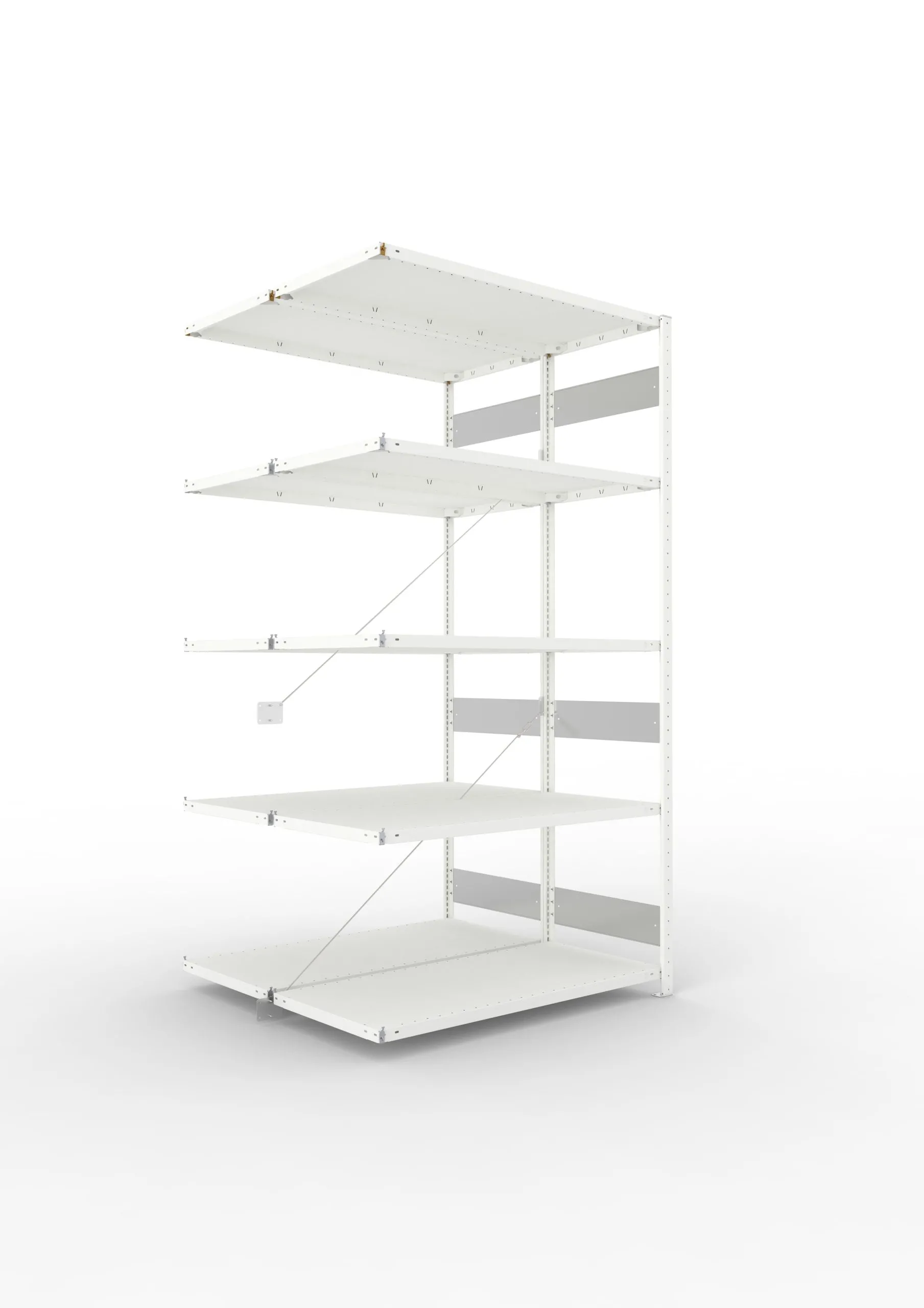 Meta Fachbodenregal Stecksystem S3 CLIP | Anbauregal | HxBxT 250x130x120cm | 5 Ebenen | Fachlast 230kg | Doppelseitige Bauart mit Diagonalverstrebung | Lichtgrau