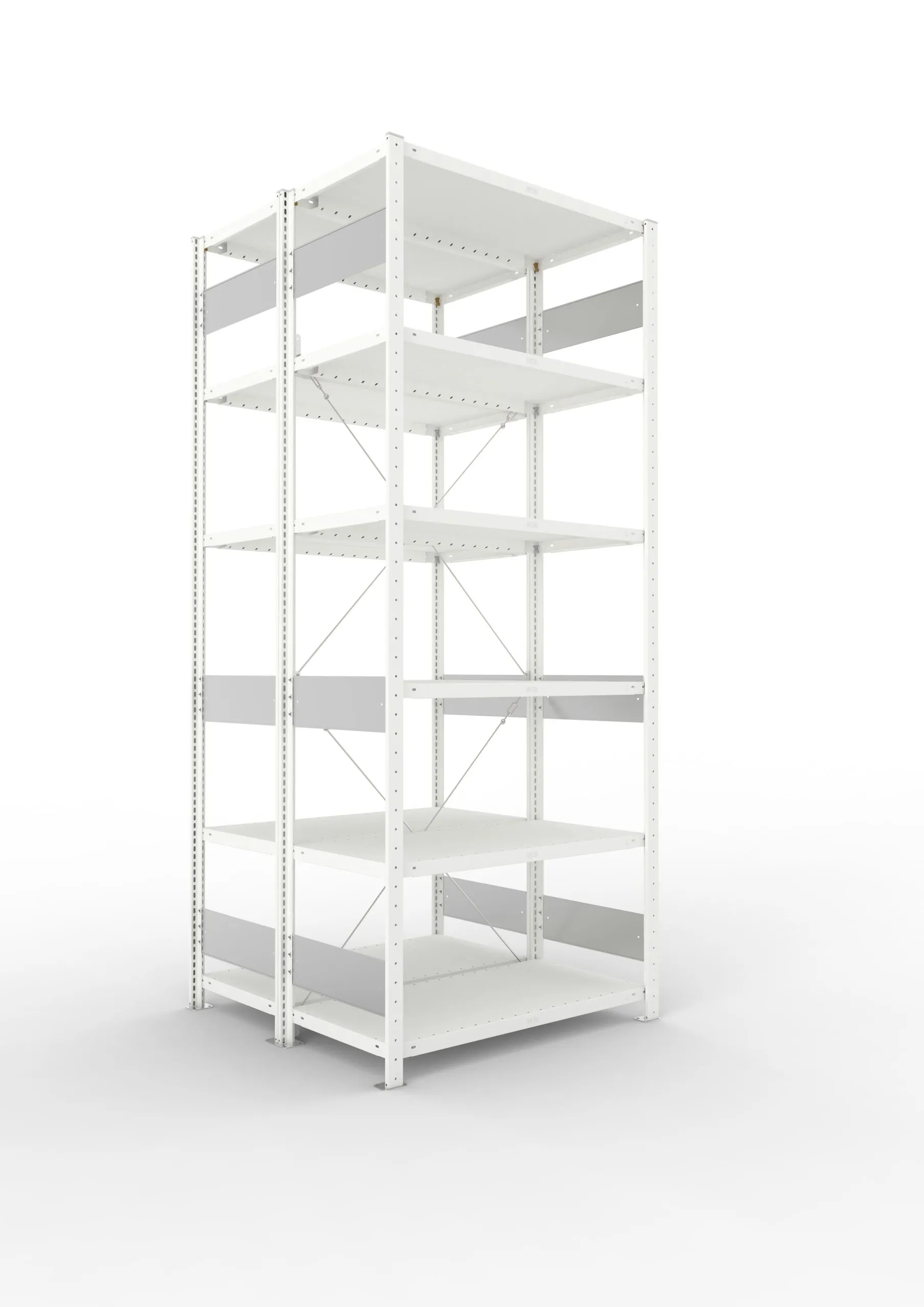 Meta Fachbodenregal Stecksystem S3 CLIP | Grundregal | HxBxT 250x100x100cm | 6 Ebenen | Fachlast 100kg | Doppelseitige Bauart mit Diagonalverstrebung | Lichtgrau