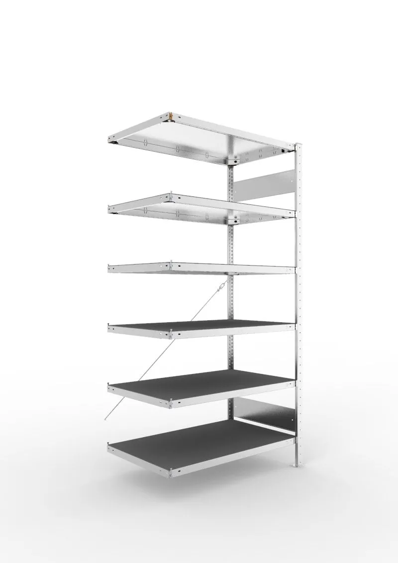 Meta Fachbodenregal Stecksystem CLIP | Anbauregal | HxBxT 200x100x60cm | 6 Fachböden mit Gummimatte | Fachlast 230kg | Einseitig nutzbar | Verzinkt