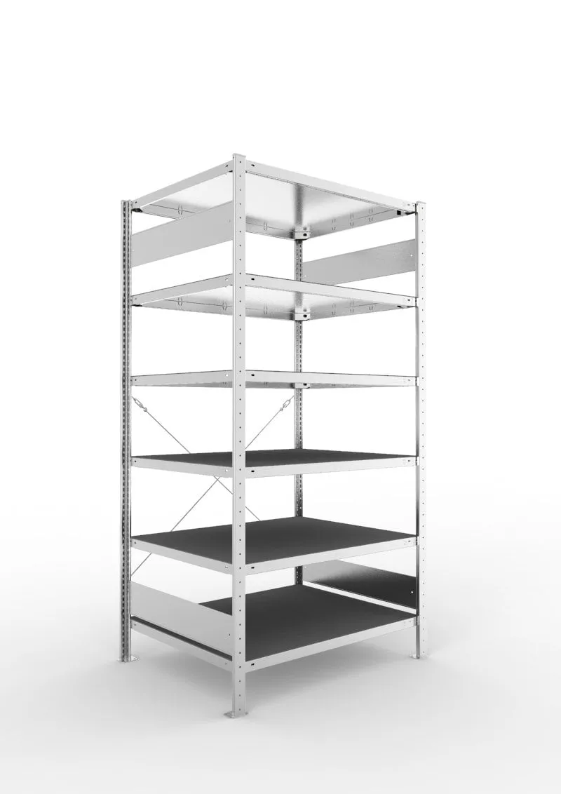 Meta Fachbodenregal Stecksystem CLIP | Grundregal | HxBxT 200x100x80cm | 6 Fachböden mit Gummimatte | Fachlast 230kg | Einseitig nutzbar | Verzinkt