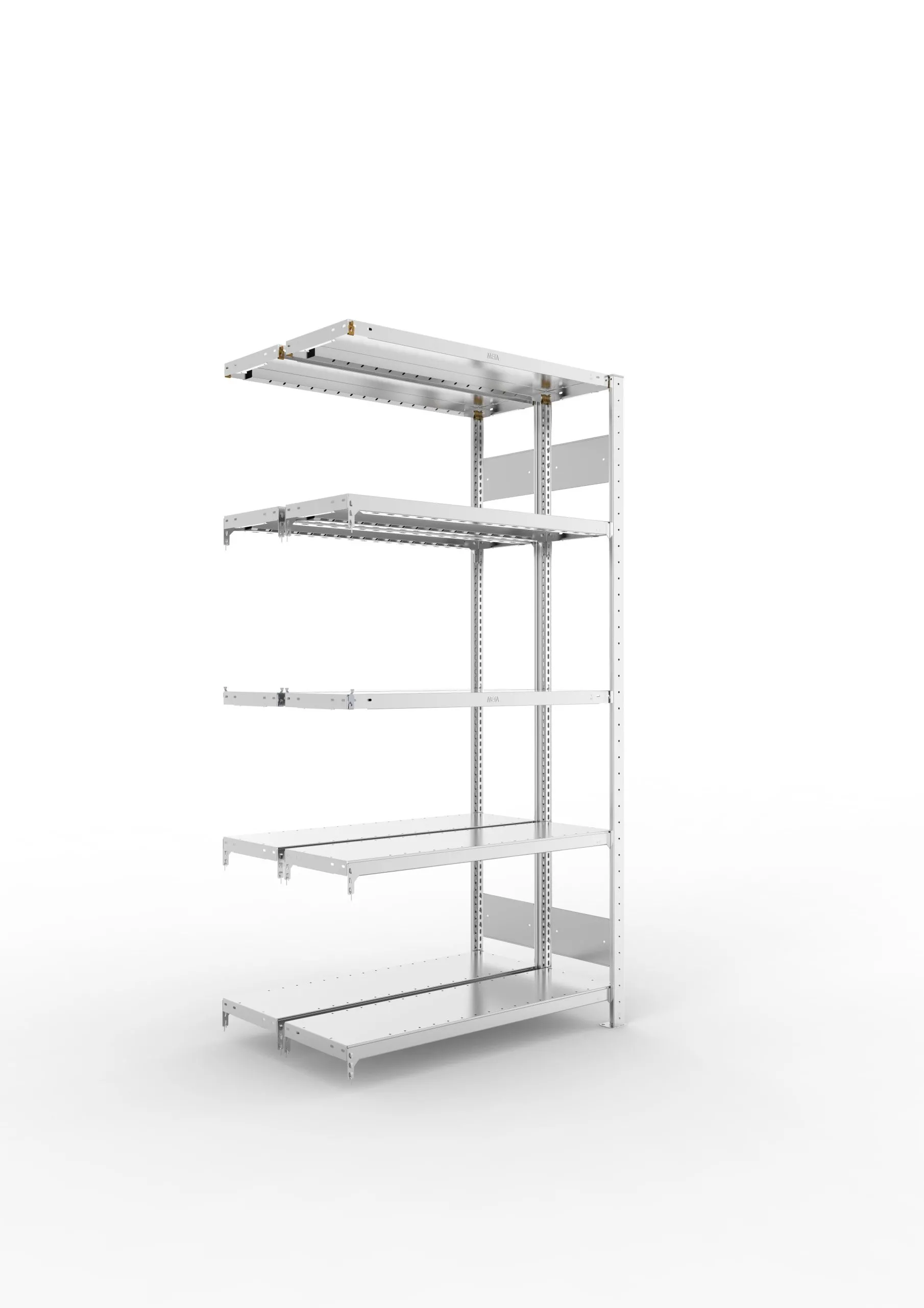 Meta Fachbodenregal Stecksystem S3 CLIP | Anbauregal | HxBxT 200x100x60cm | 5 Ebenen | Fachlast 230kg | Doppelseitige Bauart | Verzinkt