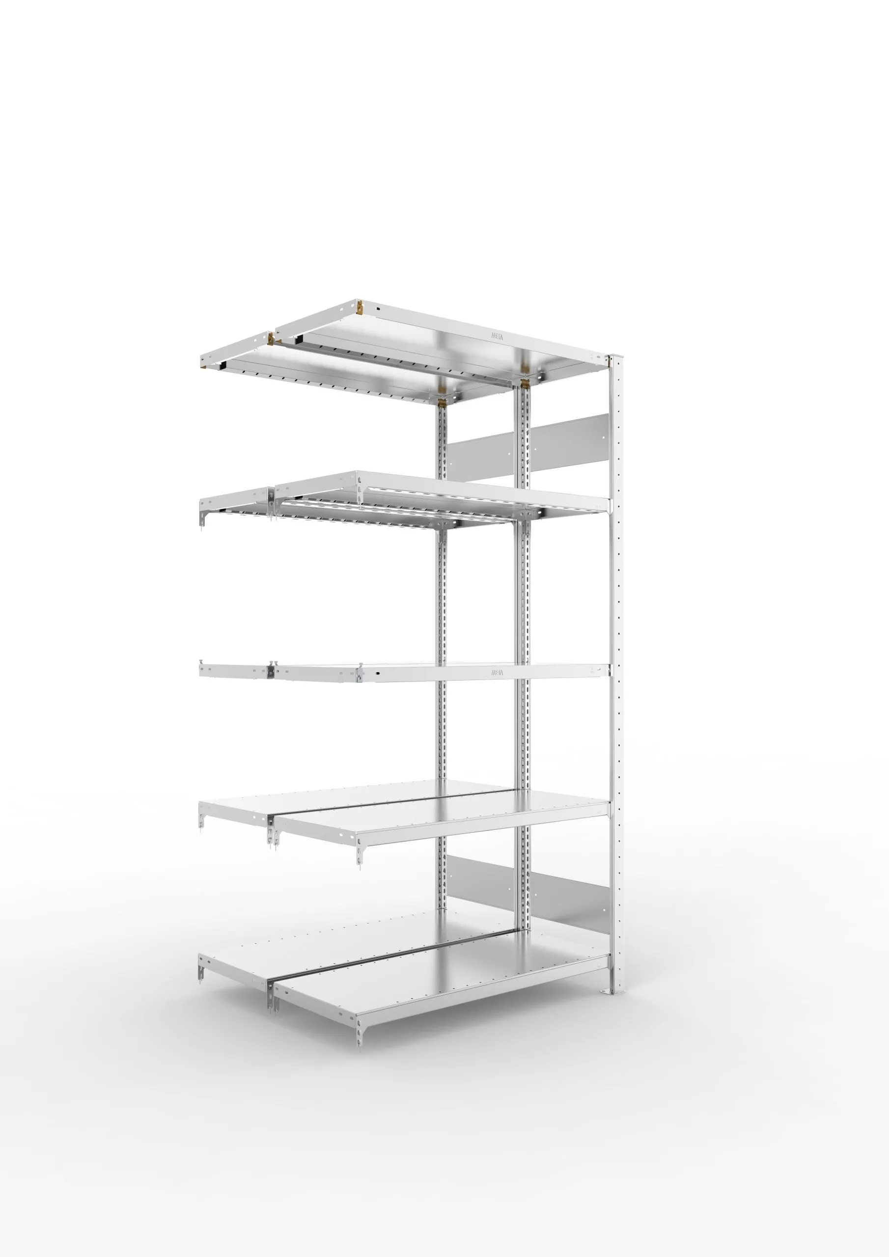 Meta Fachbodenregal Stecksystem S3 CLIP | Anbauregal | HxBxT 200x100x80cm | 5 Ebenen | Fachlast 230kg | Doppelseitige Bauart | Verzinkt