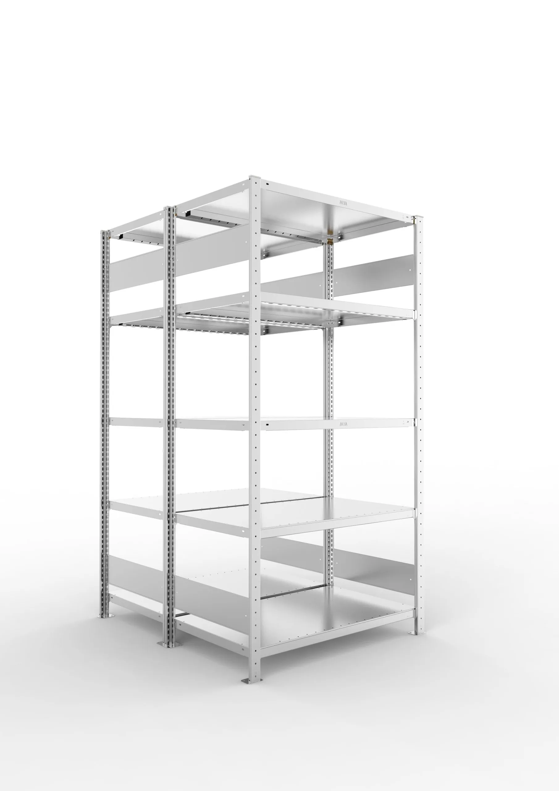 Meta Fachbodenregal Stecksystem S3 CLIP | Grundregal | HxBxT 200x100x120cm | 5 Ebenen | Fachlast 230kg | Doppelseitige Bauart | Verzinkt