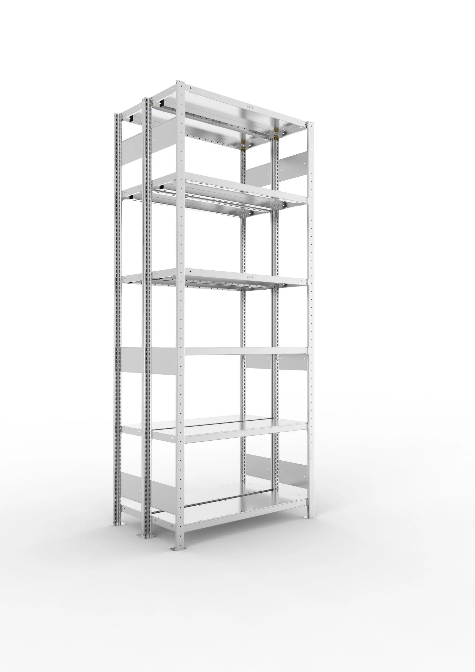 Meta Fachbodenregal Stecksystem S3 CLIP | Grundregal | HxBxT 250x100x60cm | 6 Ebenen | Fachlast 230kg | Doppelseitige Bauart | Verzinkt