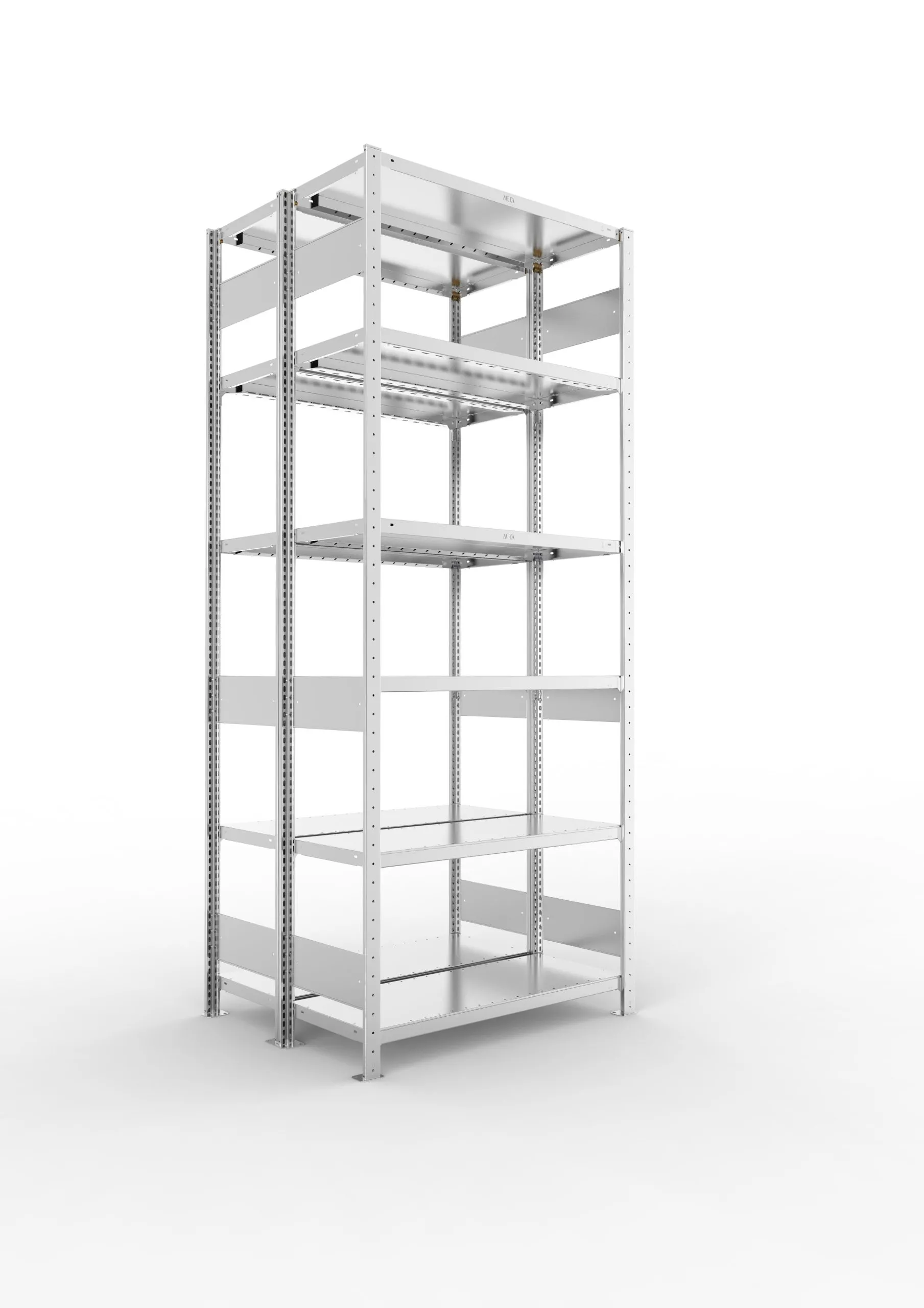 Meta Fachbodenregal Stecksystem S3 CLIP | Grundregal | HxBxT 250x100x80cm | 6 Ebenen | Fachlast 230kg | Doppelseitige Bauart | Verzinkt