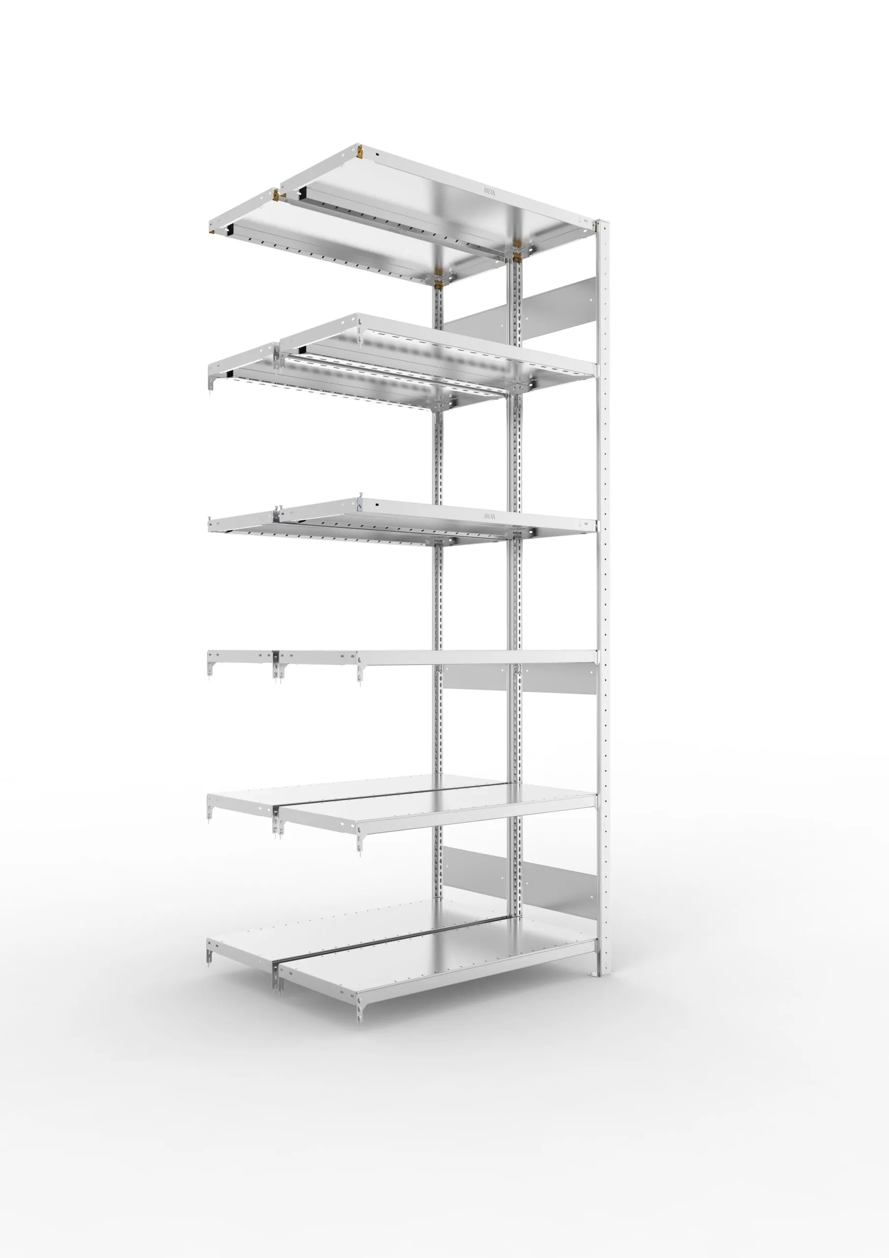 Meta Fachbodenregal Stecksystem S3 CLIP | Anbauregal | HxBxT 250x100x80cm | 6 Ebenen | Fachlast 230kg | Doppelseitige Bauart | Verzinkt