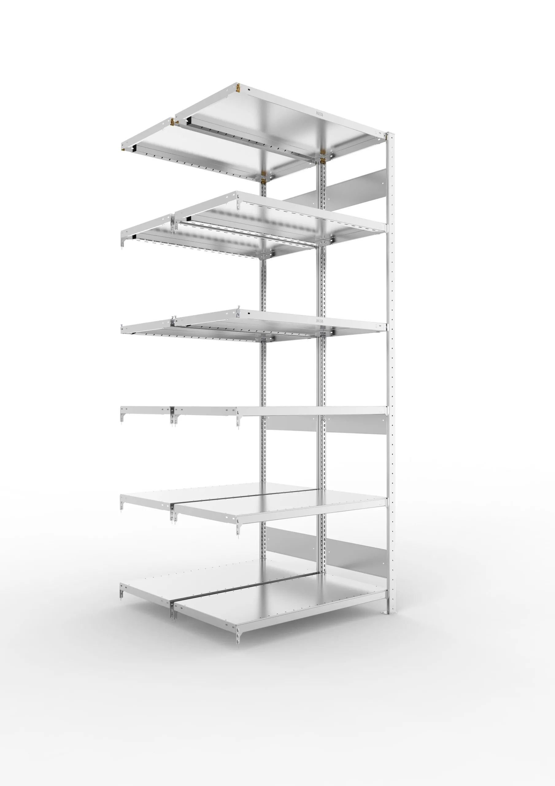 Meta Fachbodenregal Stecksystem S3 CLIP | Anbauregal | HxBxT 250x100x100cm | 6 Ebenen | Fachlast 230kg | Doppelseitige Bauart | Verzinkt