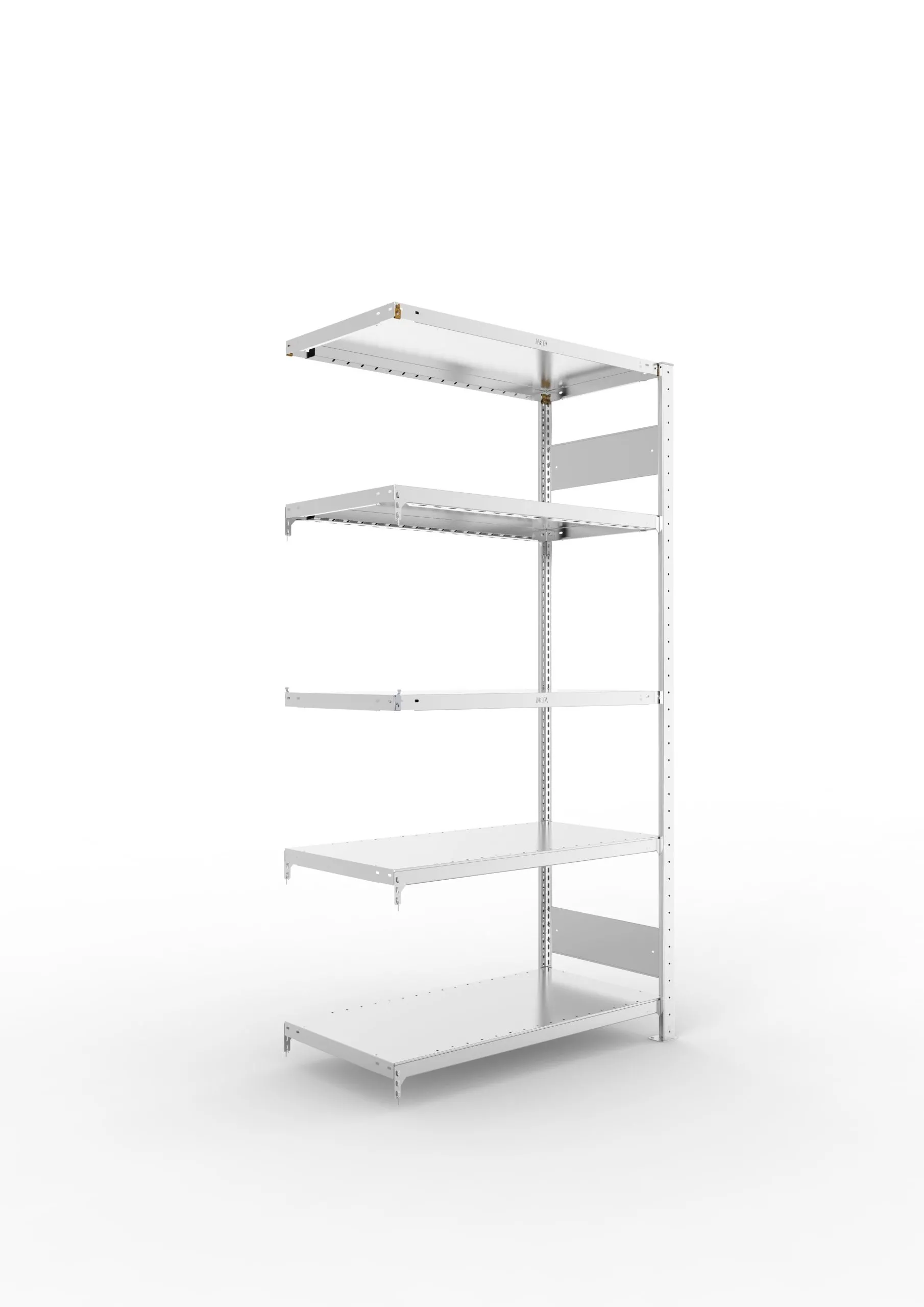 Meta Fachbodenregal Stecksystem S3 CLIP | Anbauregal | HxBxT 200x100x50cm | 5 Ebenen | Fachlast 230kg | Beidseitig nutzbar | Verzinkt