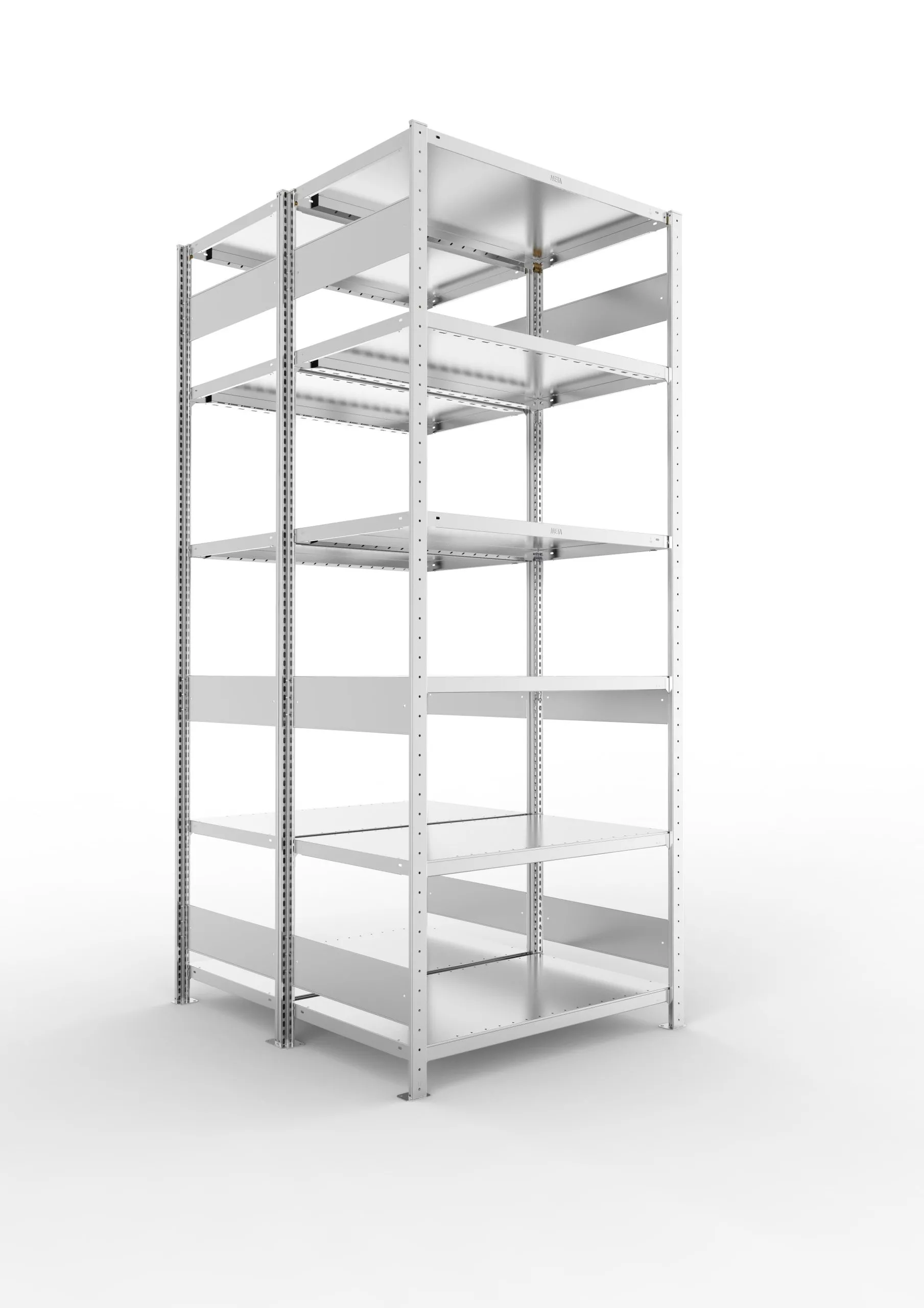 Meta Fachbodenregal Stecksystem S3 CLIP | Grundregal | HxBxT 250x100x120cm | 6 Ebenen | Fachlast 230kg | Doppelseitige Bauart | Verzinkt