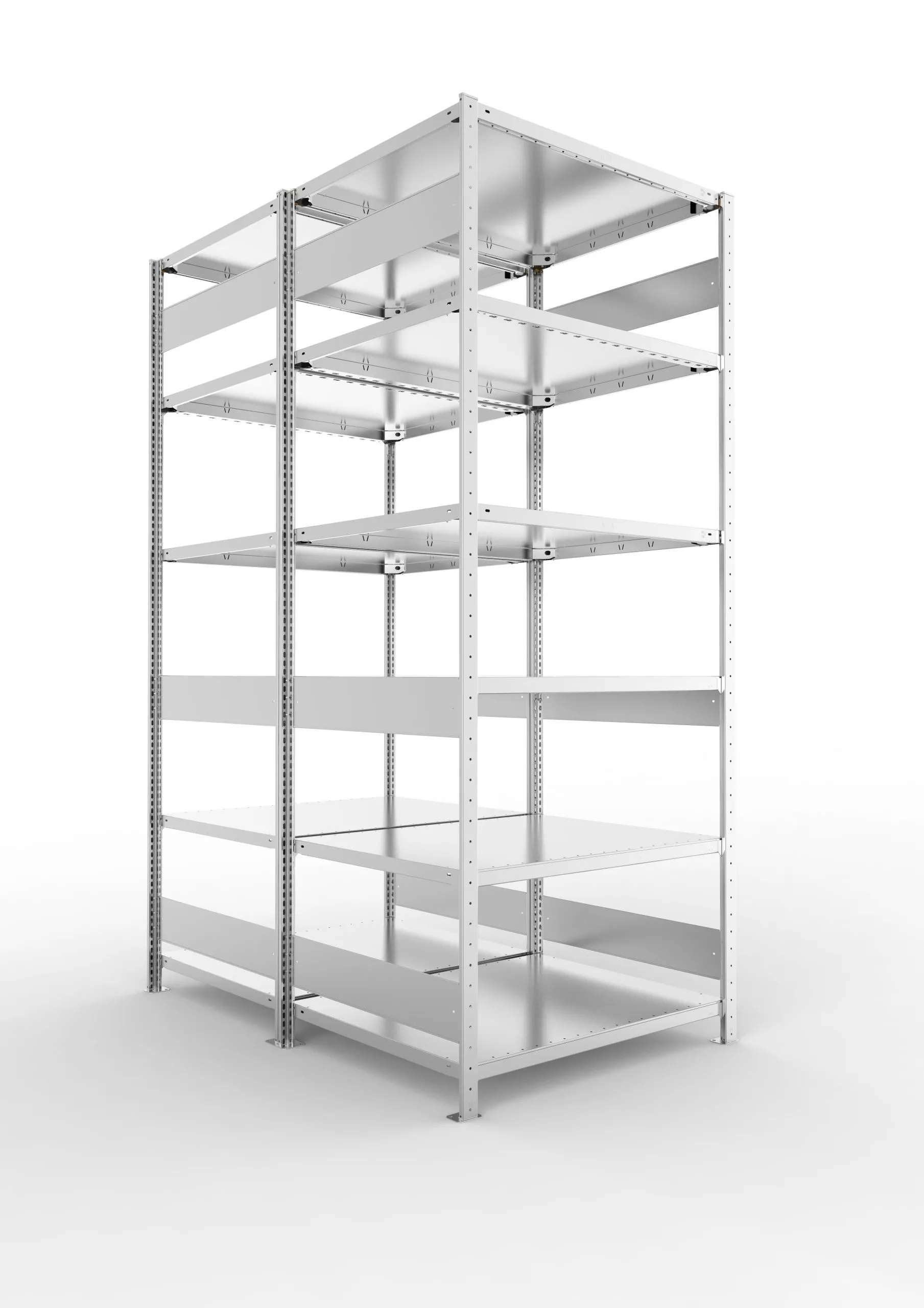 Meta Fachbodenregal Stecksystem S3 CLIP | Grundregal | HxBxT 250x100x160cm | 6 Ebenen | Fachlast 230kg | Doppelseitige Bauart | Verzinkt