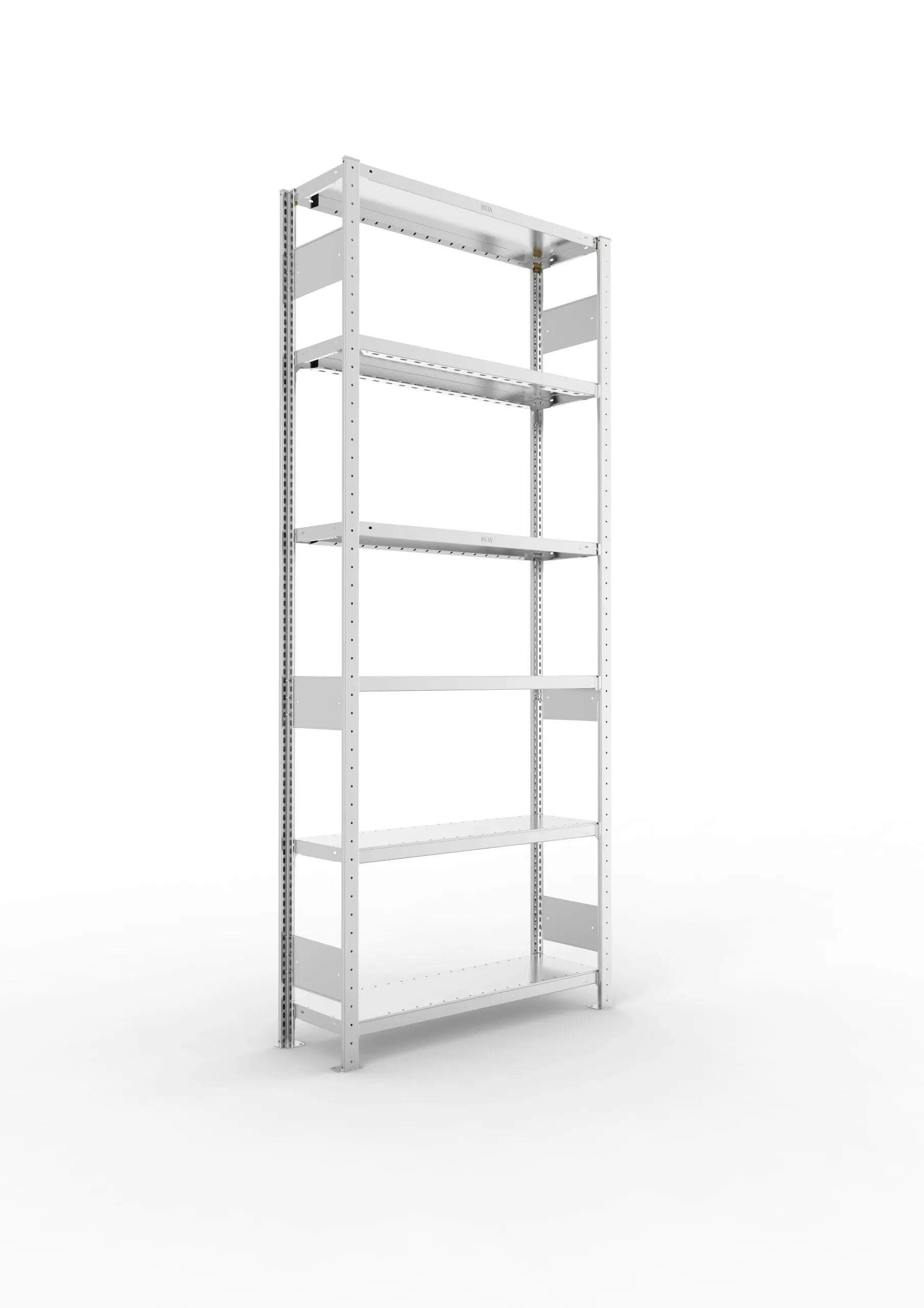 Meta Fachbodenregal Stecksystem S3 CLIP | Grundregal | HxBxT 250x100x30cm | 6 Ebenen | Fachlast 230kg | Beidseitig nutzbar | Verzinkt
