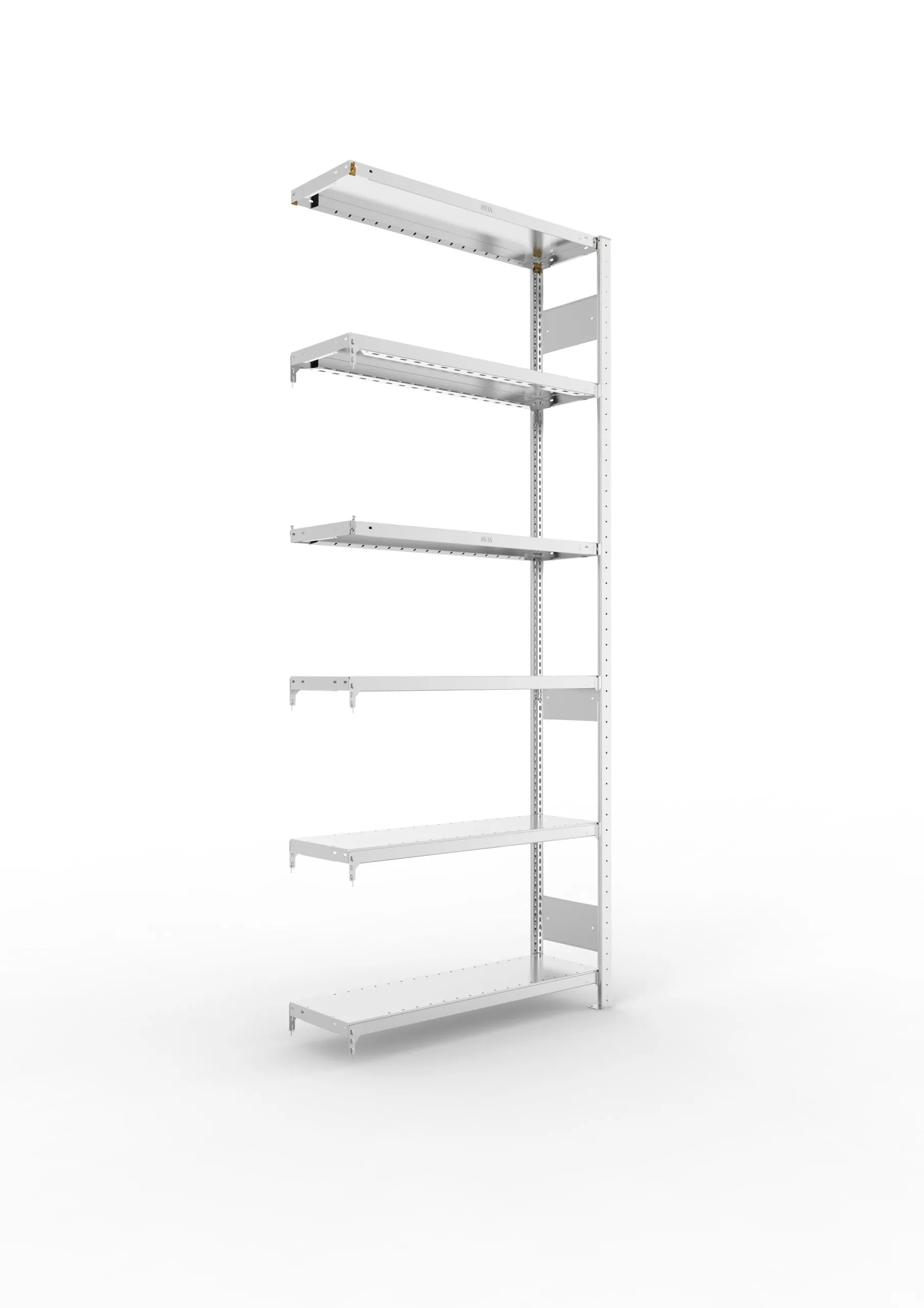 Meta Fachbodenregal Stecksystem S3 CLIP | Anbauregal | HxBxT 250x100x30cm | 6 Ebenen | Fachlast 230kg | Beidseitig nutzbar | Verzinkt