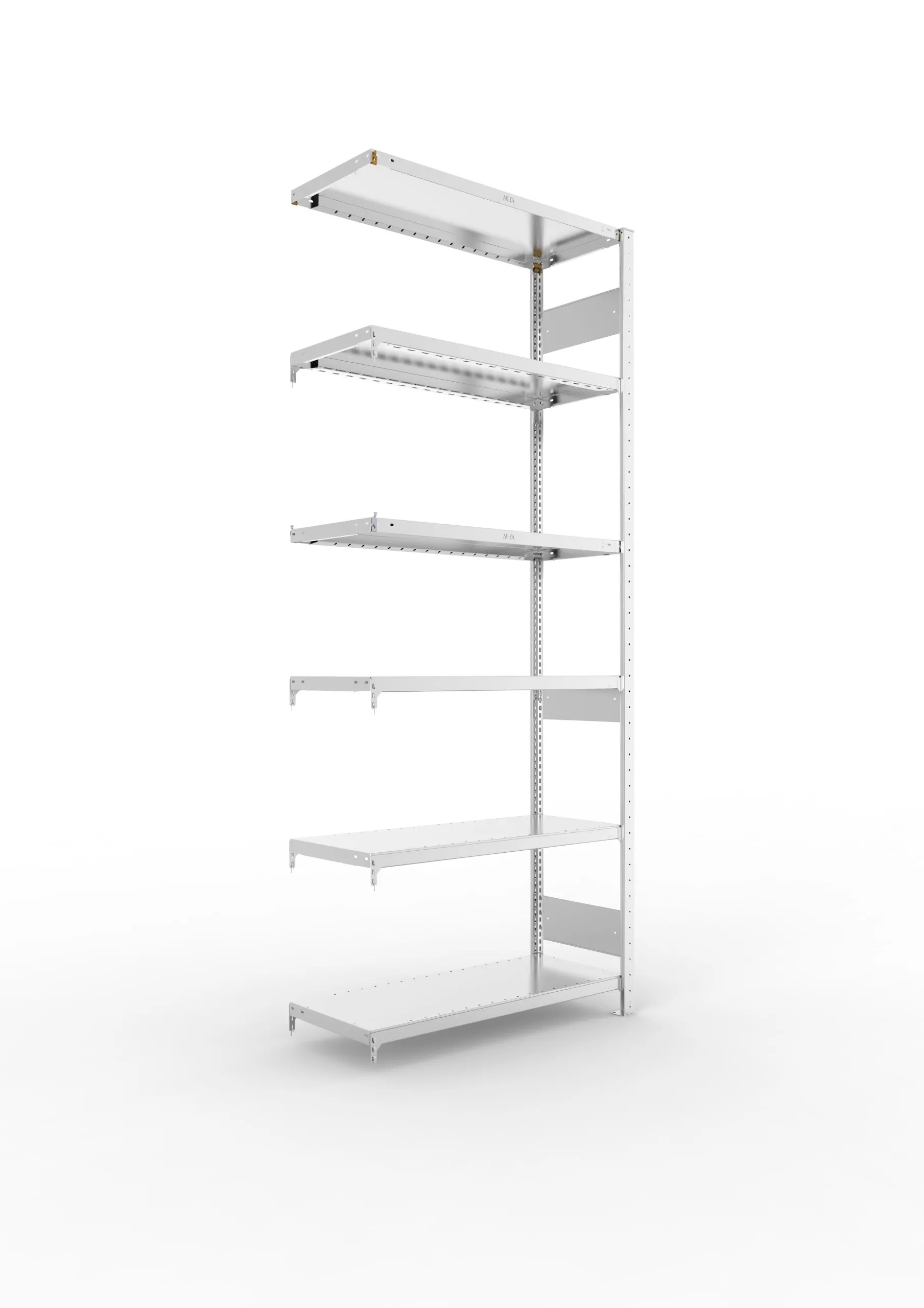 Meta Fachbodenregal Stecksystem S3 CLIP | Anbauregal | HxBxT 250x100x40cm | 6 Ebenen | Fachlast 230kg | Beidseitig nutzbar | Verzinkt
