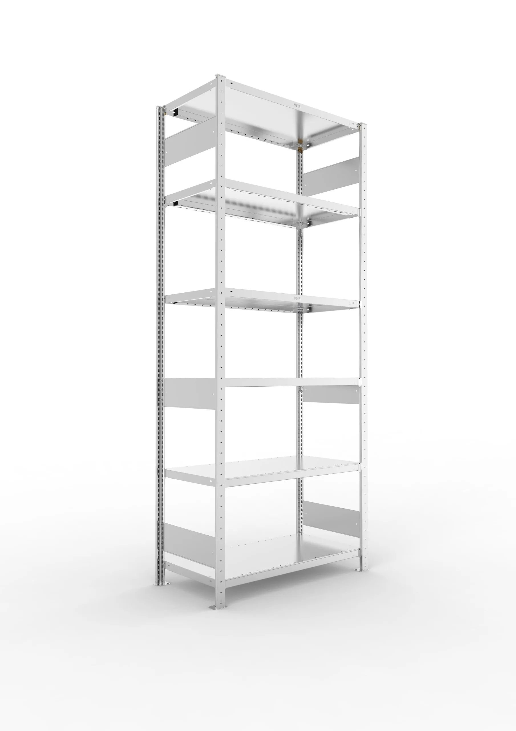 Meta Fachbodenregal Stecksystem S3 CLIP | Grundregal | HxBxT 250x100x50cm | 6 Ebenen | Fachlast 230kg | Beidseitig nutzbar | Verzinkt