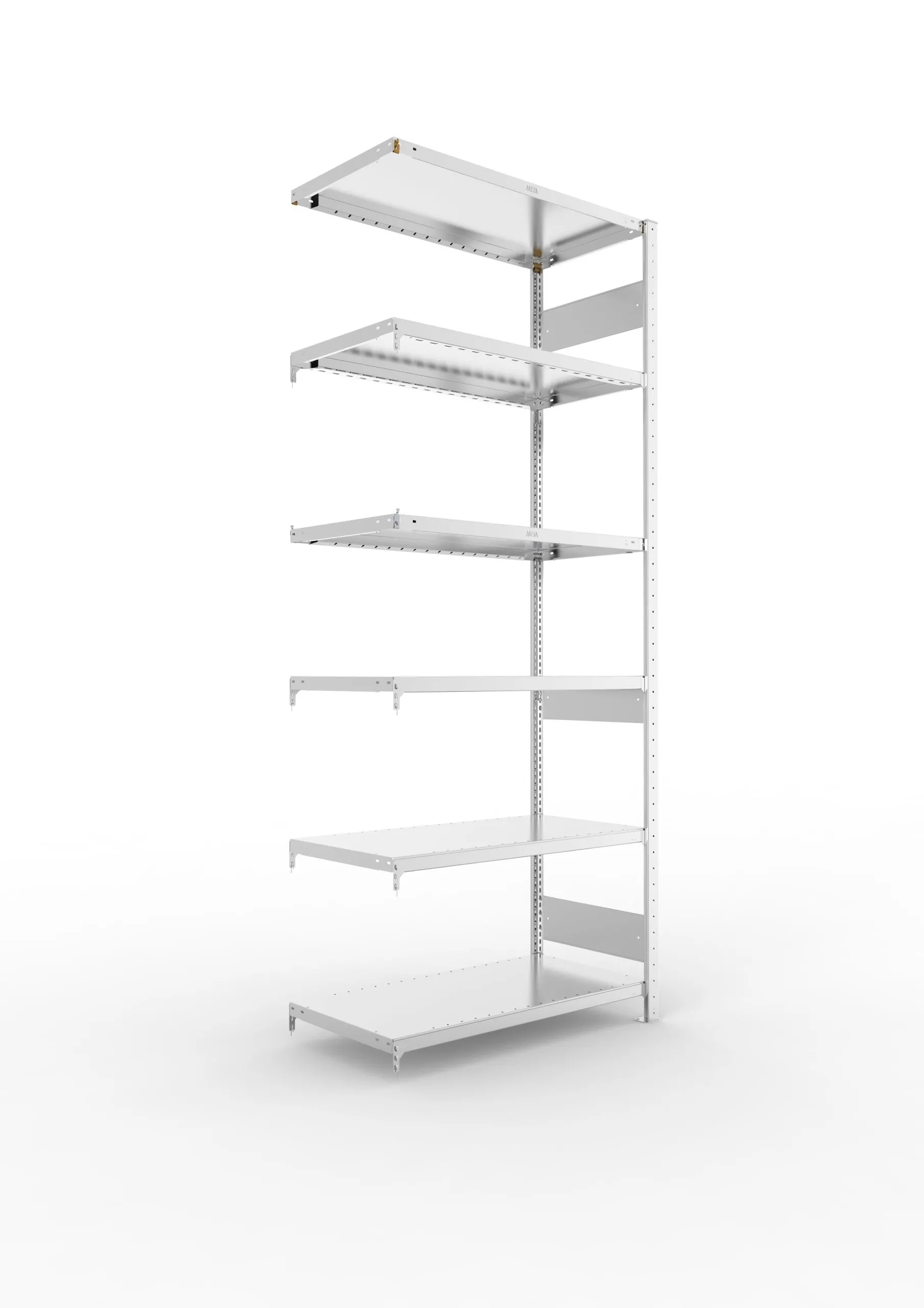 Meta Fachbodenregal Stecksystem S3 CLIP | Anbauregal | HxBxT 250x100x50cm | 6 Ebenen | Fachlast 230kg | Beidseitig nutzbar | Verzinkt