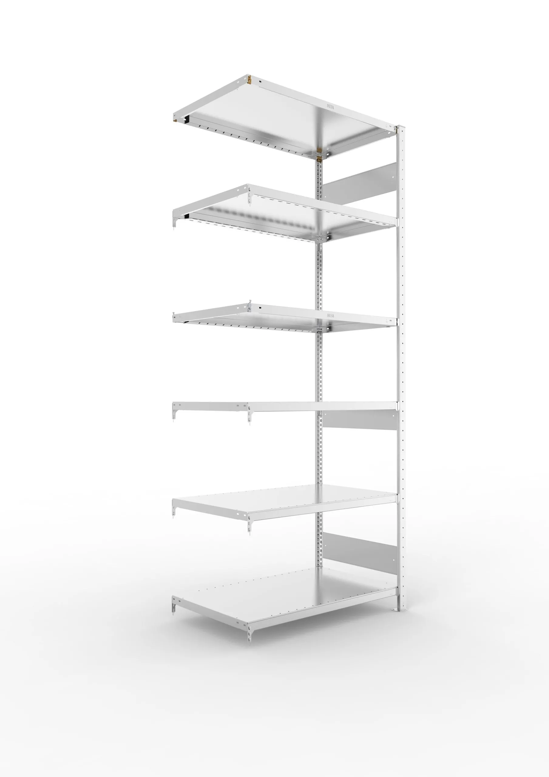Meta Fachbodenregal Stecksystem S3 CLIP | Anbauregal | HxBxT 250x100x60cm | 6 Ebenen | Fachlast 230kg | Beidseitig nutzbar | Verzinkt
