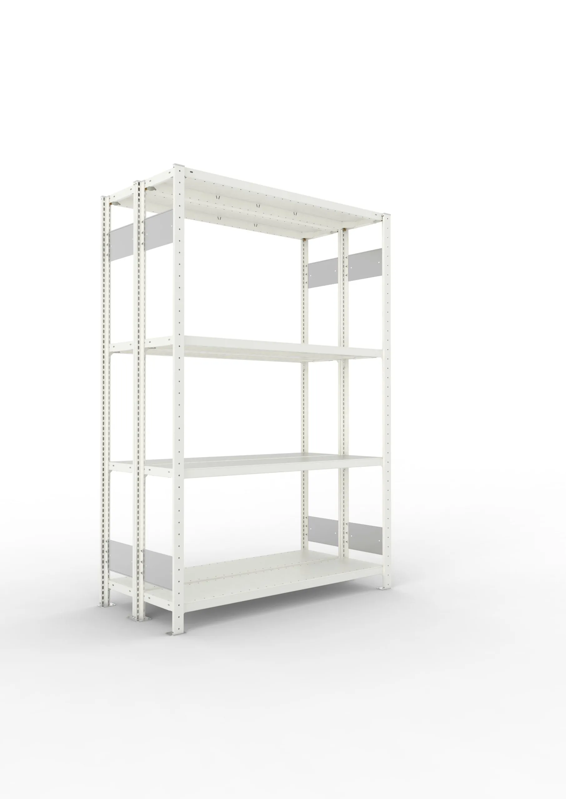 Meta Fachbodenregal Stecksystem S3 CLIP | Grundregal | HxBxT 200x130x60cm | 4 Ebenen | Fachlast 230kg | Doppelseitige Bauart | Lichtgrau