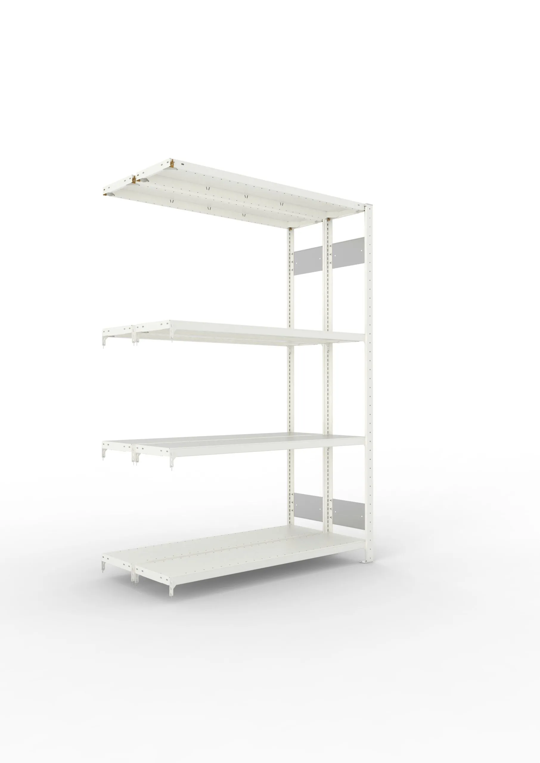 Meta Fachbodenregal Stecksystem S3 CLIP | Anbauregal | HxBxT 200x130x60cm | 4 Ebenen | Fachlast 230kg | Doppelseitige Bauart | Lichtgrau