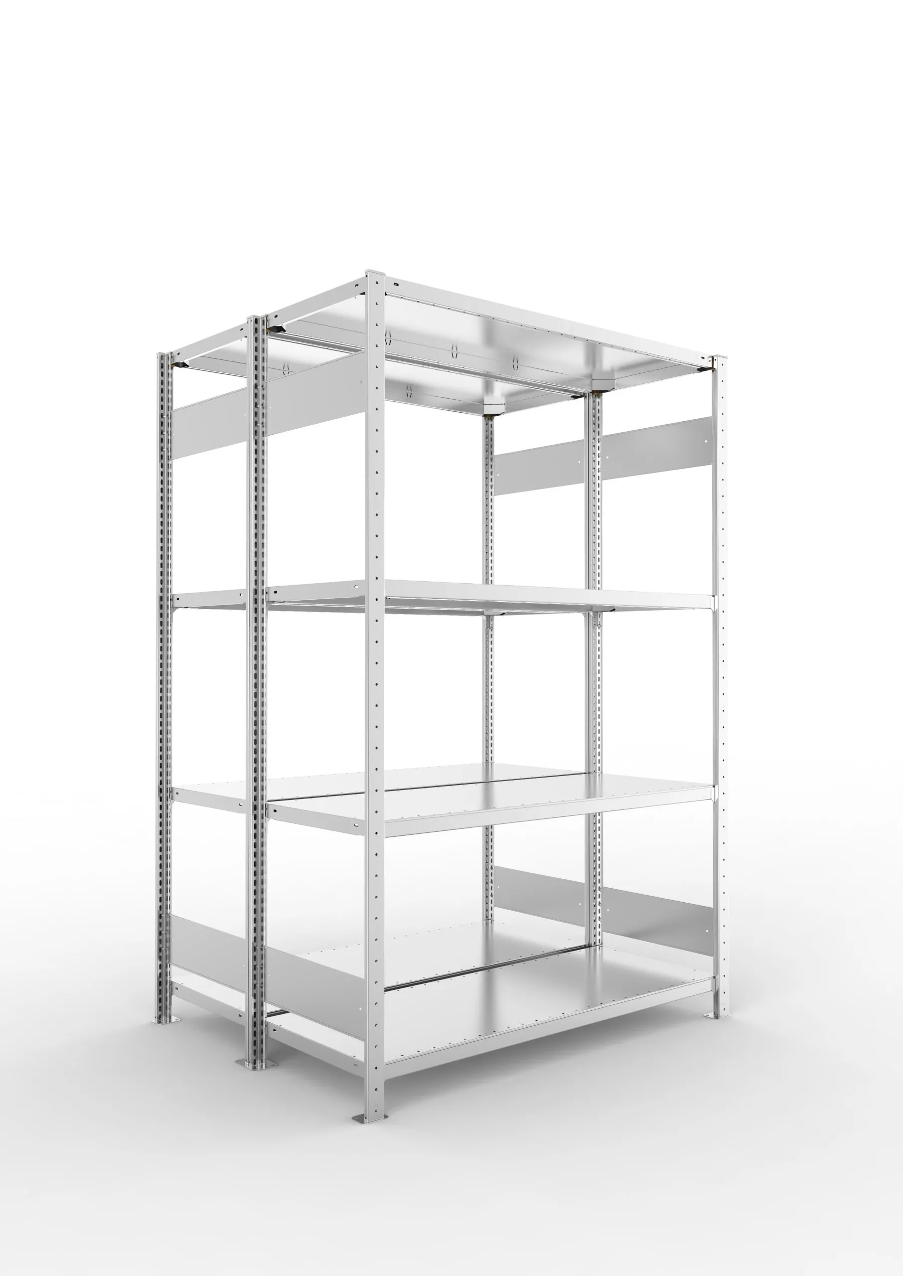 Meta Fachbodenregal Stecksystem S3 CLIP | Grundregal | HxBxT 200x130x100cm | 4 Ebenen | Fachlast 230kg | Doppelseitige Bauart | Verzinkt