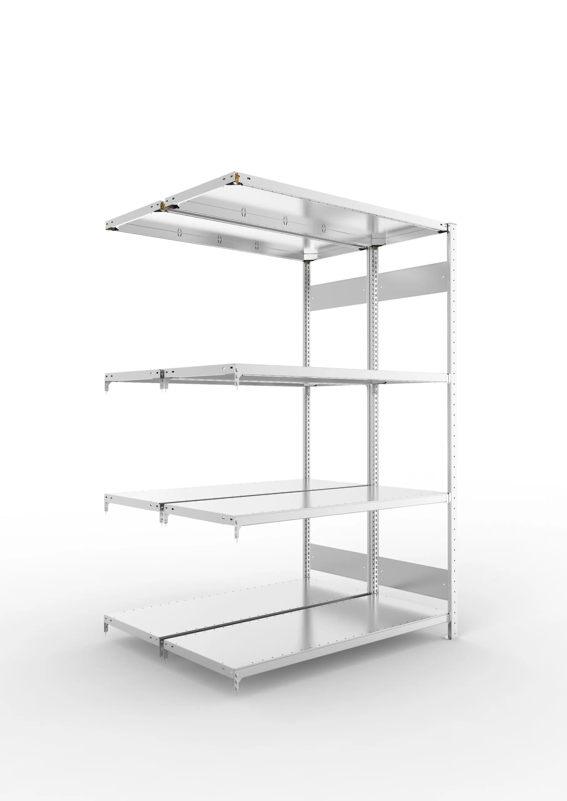 Meta Fachbodenregal Stecksystem S3 CLIP | Anbauregal | HxBxT 200x130x100cm | 4 Ebenen | Fachlast 230kg | Doppelseitige Bauart | Verzinkt