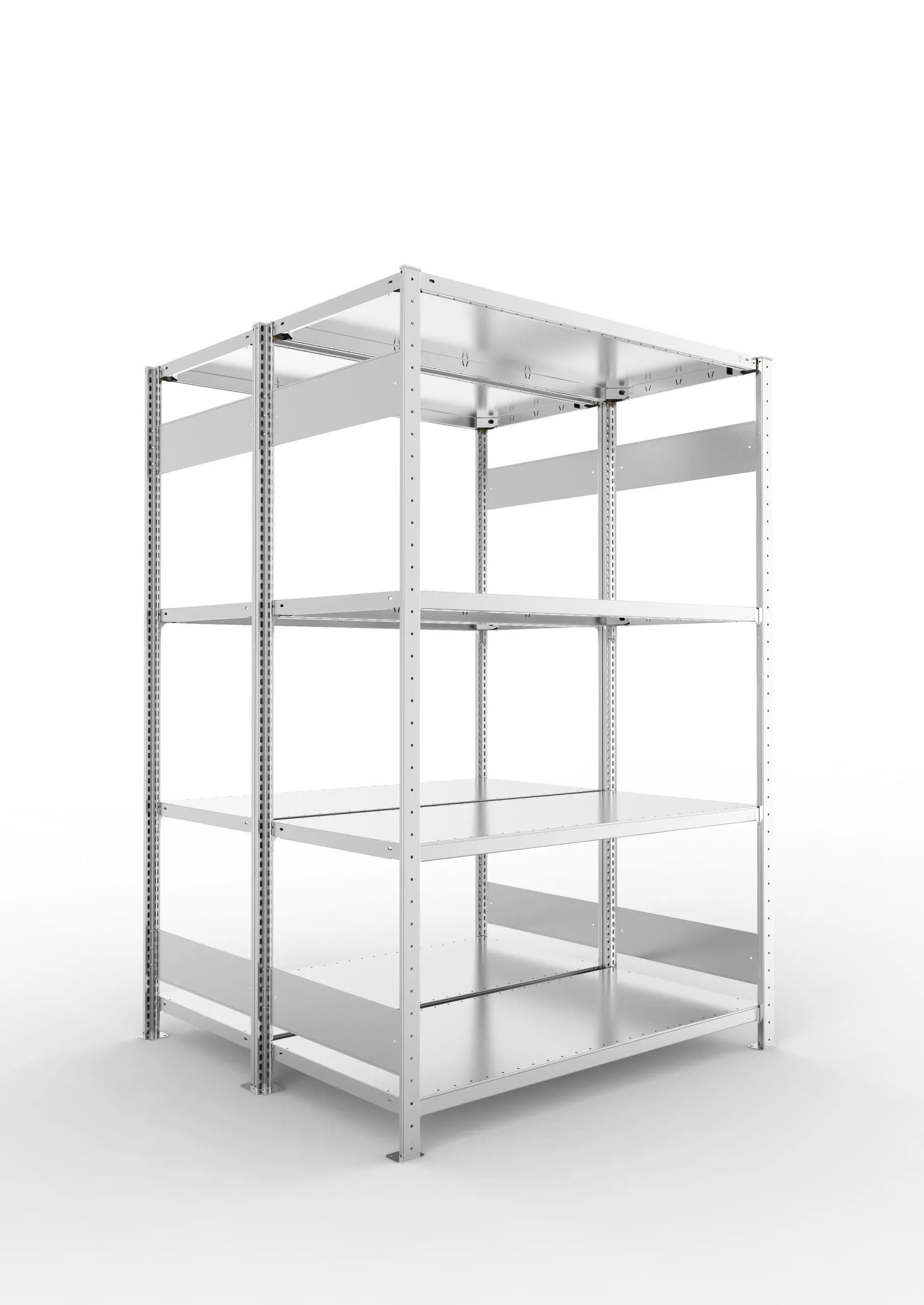 Meta Fachbodenregal Stecksystem S3 CLIP | Grundregal | HxBxT 200x130x120cm | 4 Ebenen | Fachlast 230kg | Doppelseitige Bauart | Verzinkt