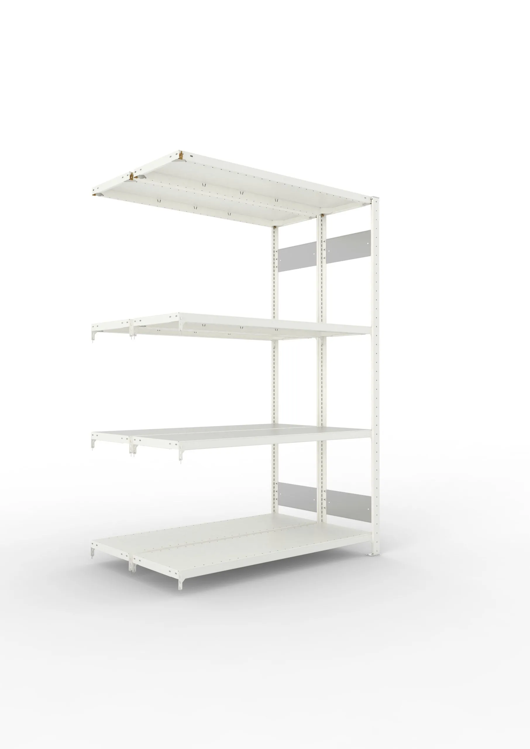 Meta Fachbodenregal Stecksystem S3 CLIP | Anbauregal | HxBxT 200x130x80cm | 4 Ebenen | Fachlast 230kg | Doppelseitige Bauart | Lichtgrau