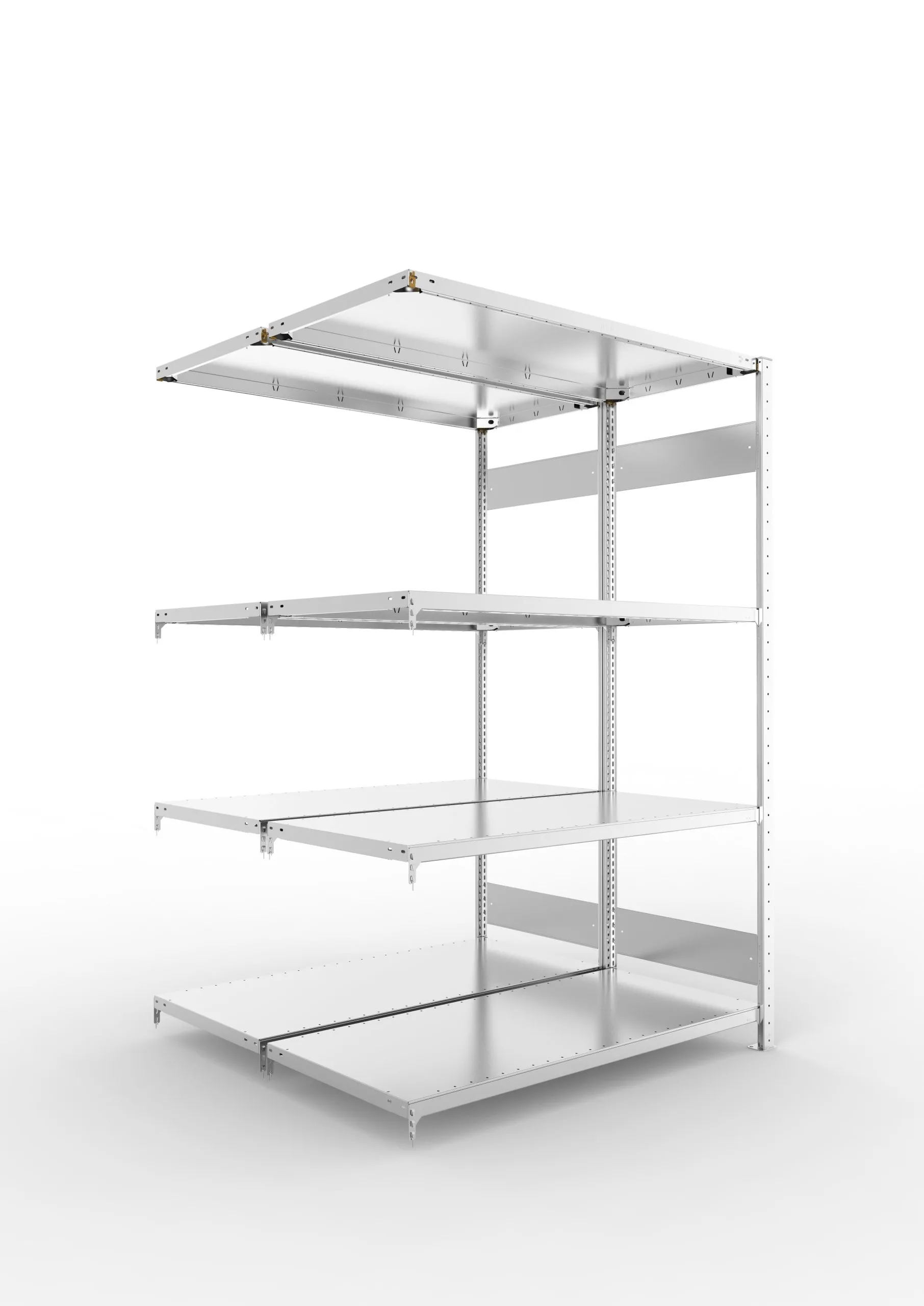 Meta Fachbodenregal Stecksystem S3 CLIP | Anbauregal | HxBxT 200x130x120cm | 4 Ebenen | Fachlast 230kg | Doppelseitige Bauart | Verzinkt