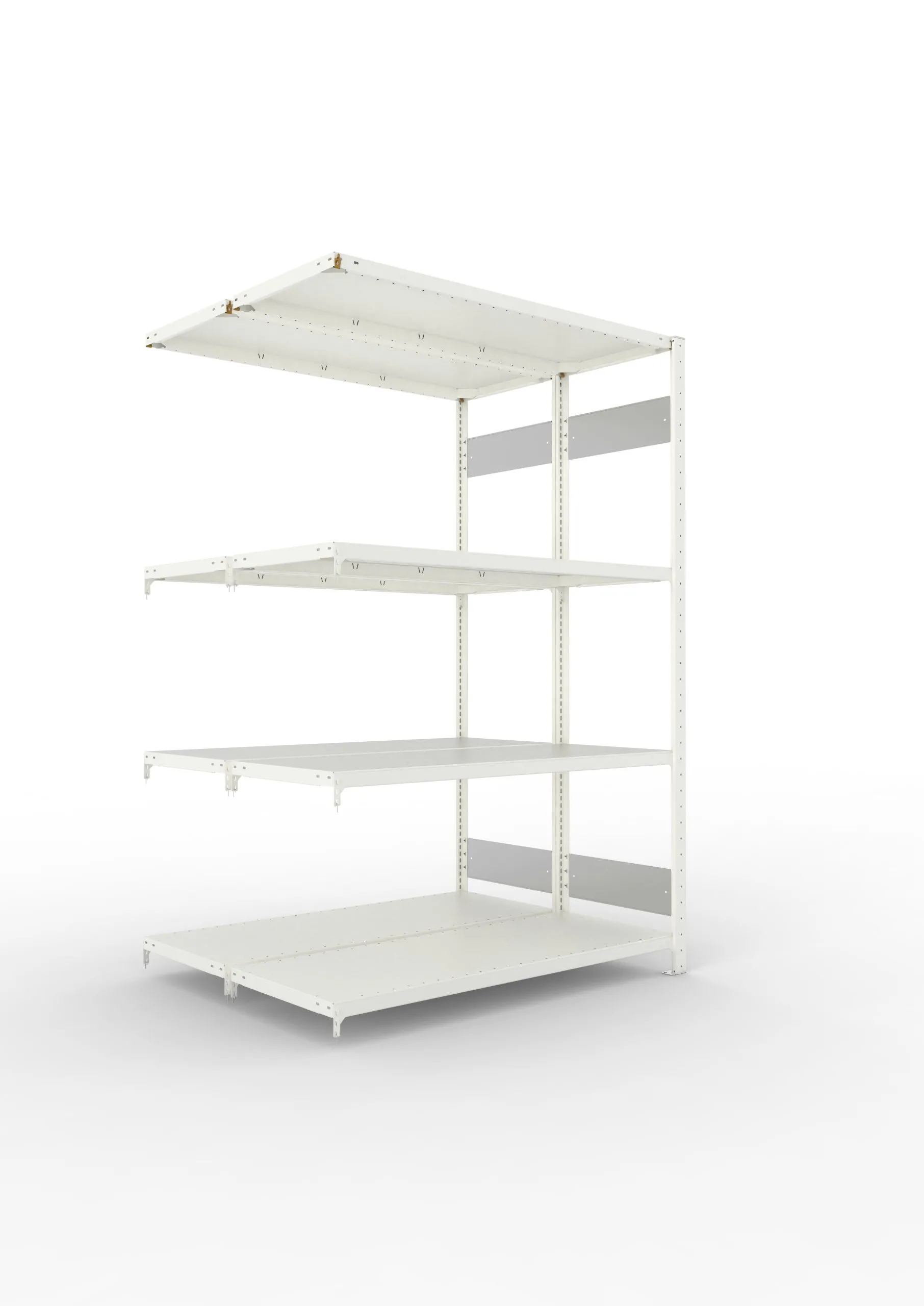 Meta Fachbodenregal Stecksystem S3 CLIP | Anbauregal | HxBxT 200x130x100cm | 4 Ebenen | Fachlast 230kg | Doppelseitige Bauart | Lichtgrau