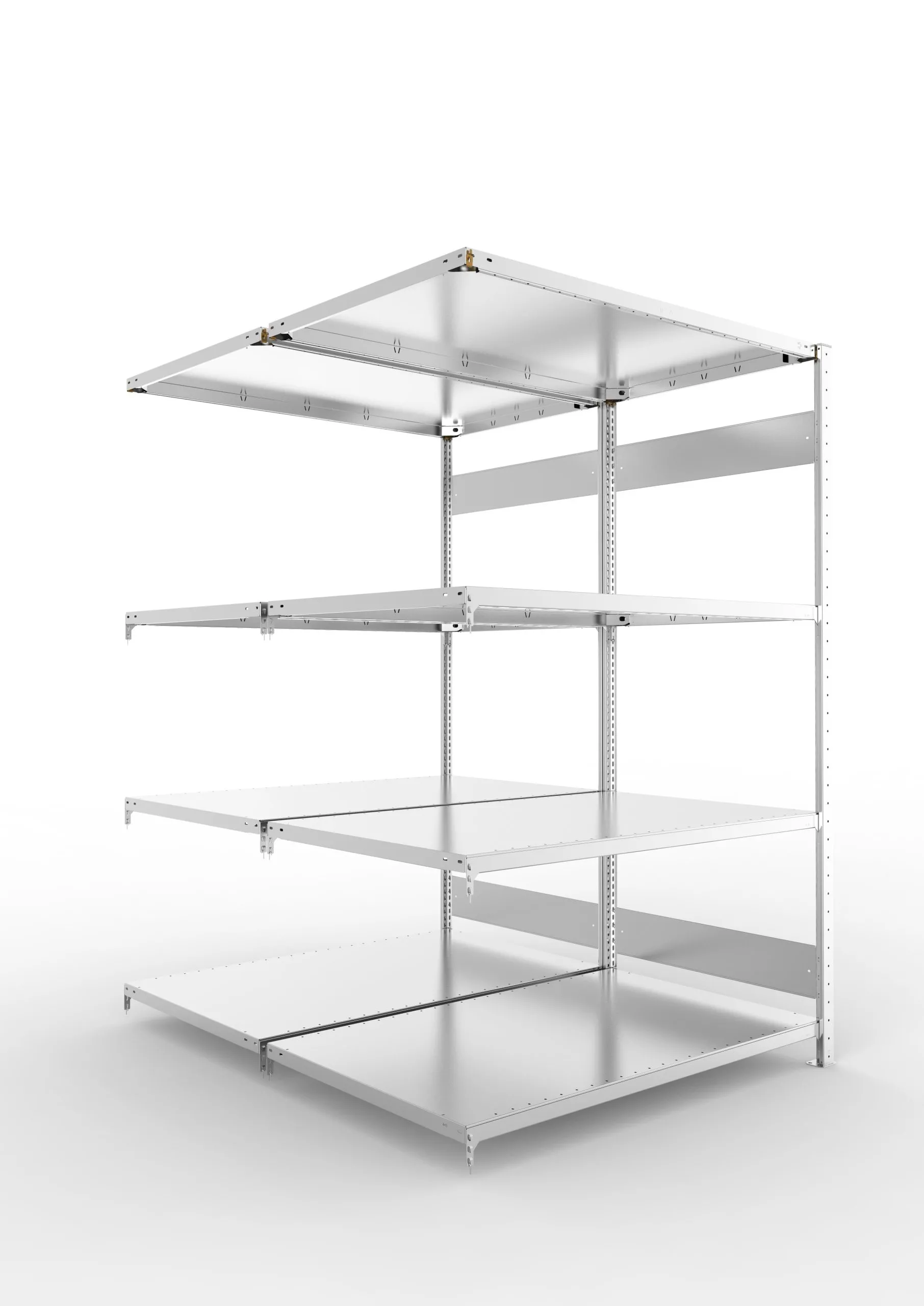 Meta Fachbodenregal Stecksystem S3 CLIP | Anbauregal | HxBxT 200x130x160cm | 4 Ebenen | Fachlast 230kg | Doppelseitige Bauart | Verzinkt