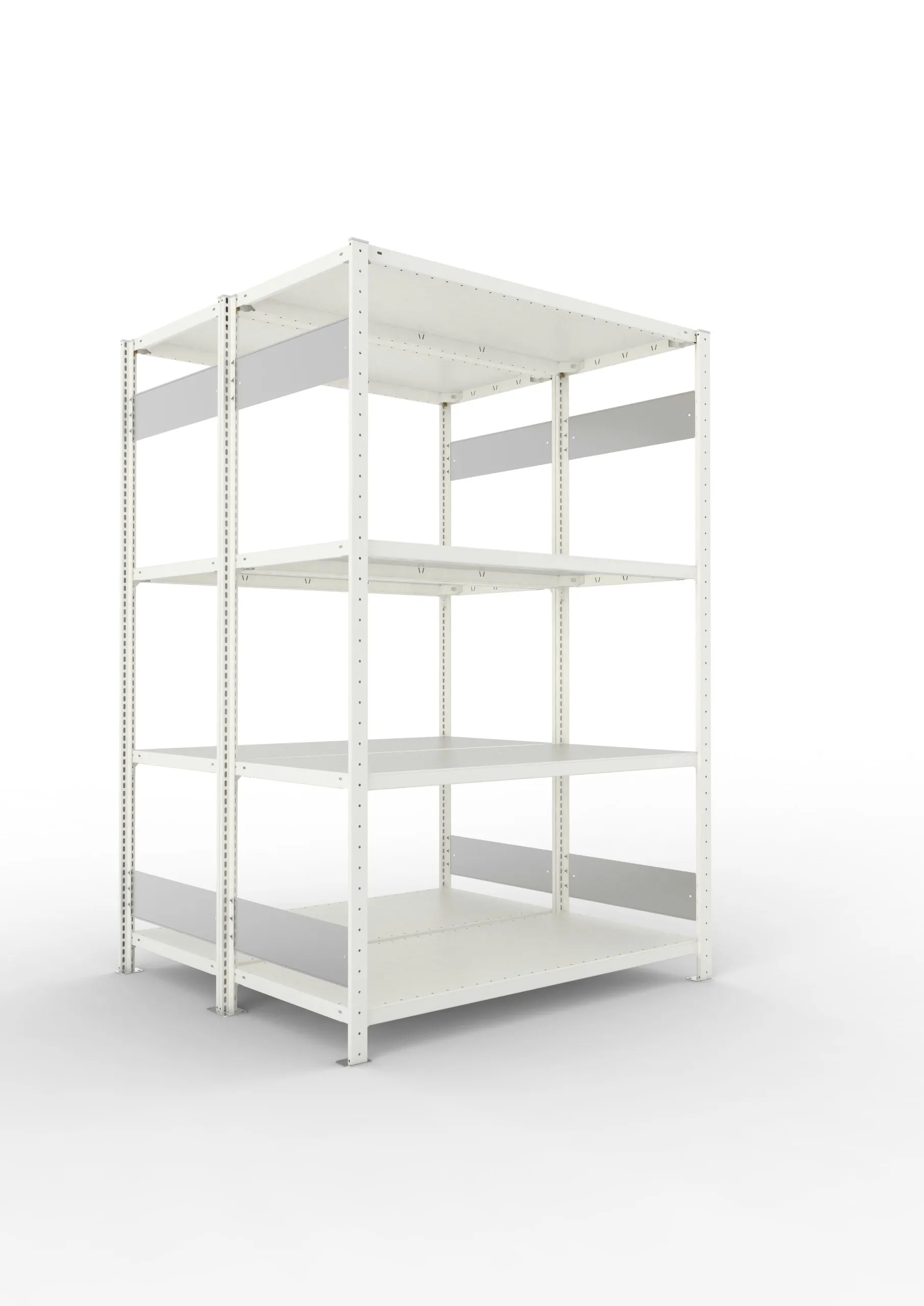 Meta Fachbodenregal Stecksystem S3 CLIP | Grundregal | HxBxT 200x130x120cm | 4 Ebenen | Fachlast 230kg | Doppelseitige Bauart | Lichtgrau