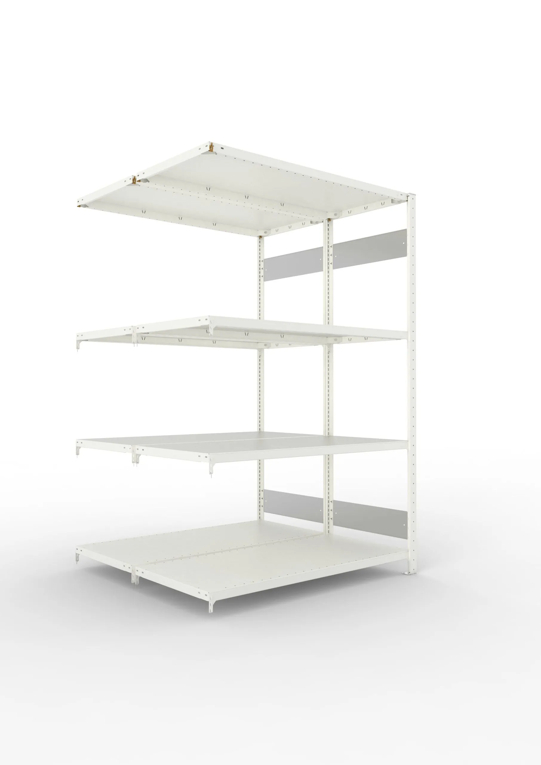 Meta Fachbodenregal Stecksystem S3 CLIP | Anbauregal | HxBxT 200x130x120cm | 4 Ebenen | Fachlast 230kg | Doppelseitige Bauart | Lichtgrau