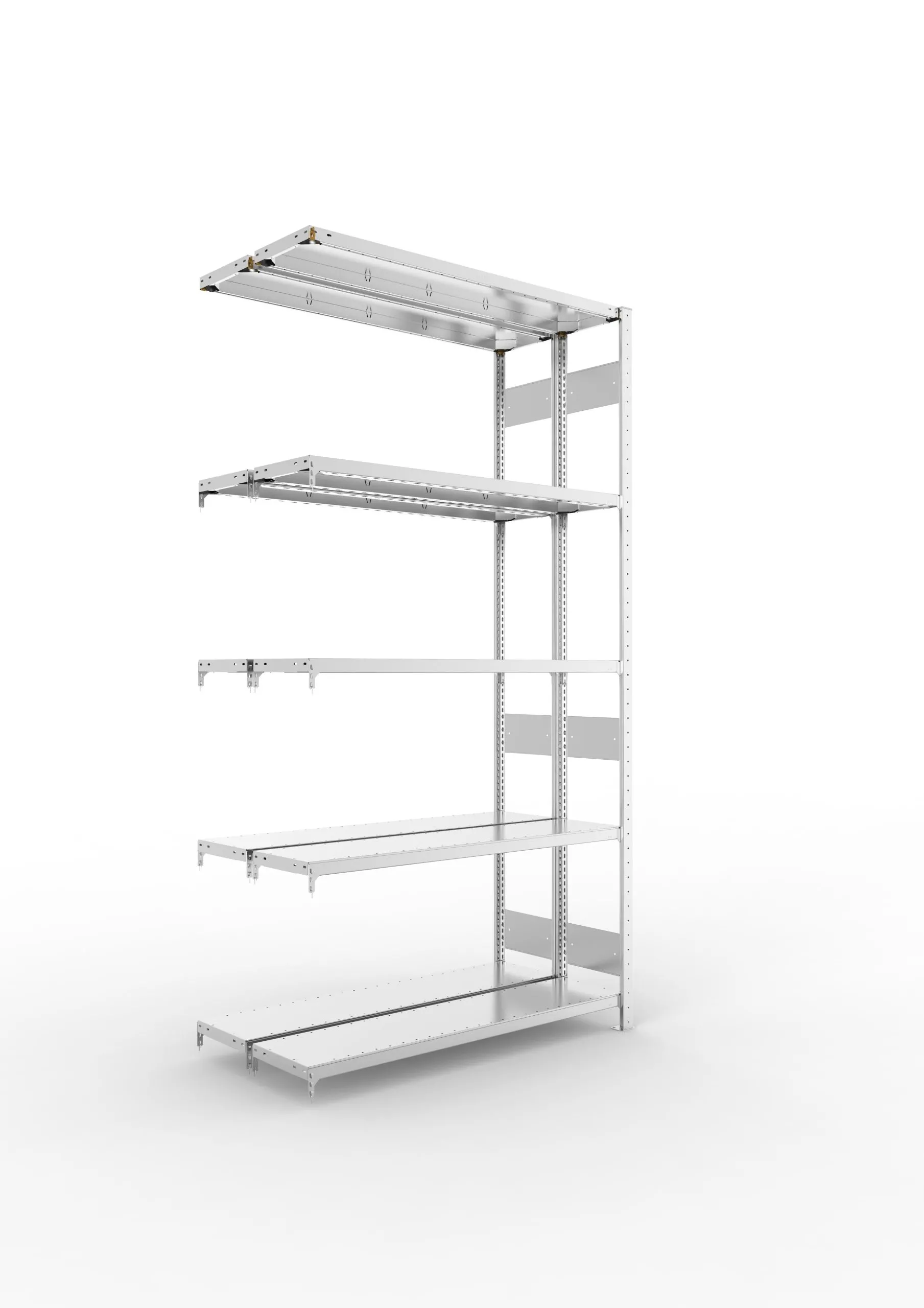 Meta Fachbodenregal Stecksystem S3 CLIP | Anbauregal | HxBxT 250x130x60cm | 5 Ebenen | Fachlast 230kg | Doppelseitige Bauart | Verzinkt