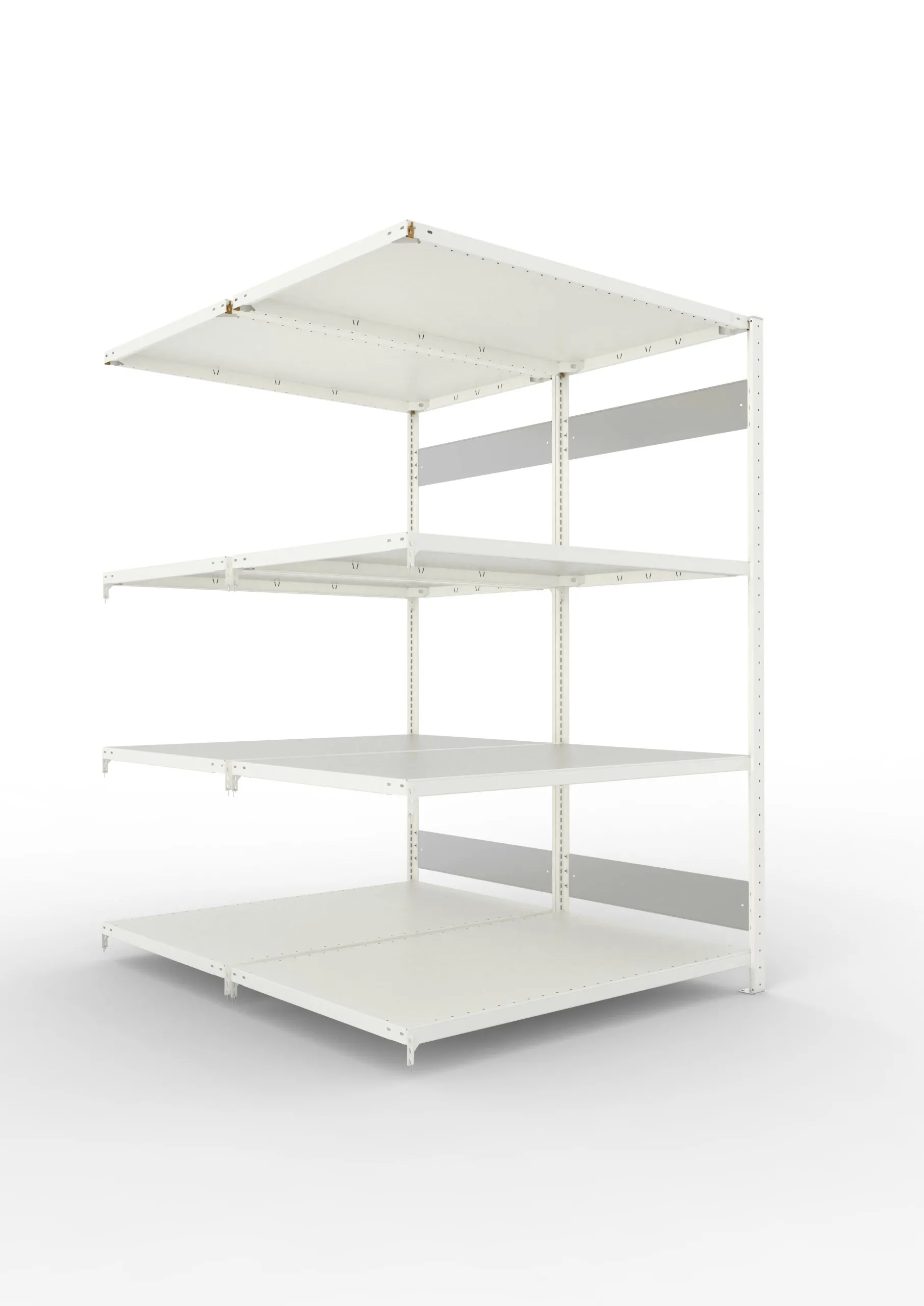 Meta Fachbodenregal Stecksystem S3 CLIP | Anbauregal | HxBxT 200x130x160cm | 4 Ebenen | Fachlast 230kg | Doppelseitige Bauart | Lichtgrau