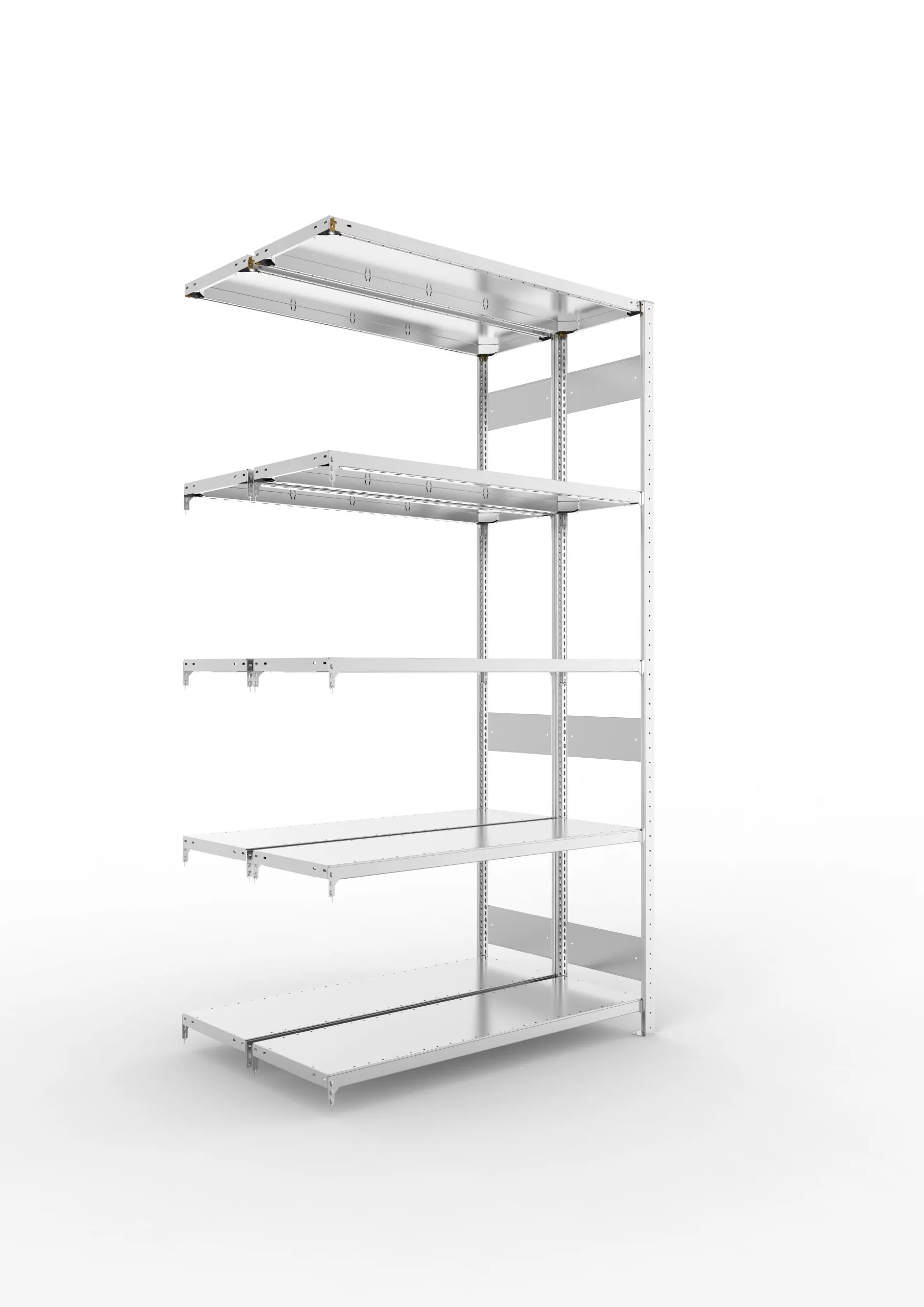 Meta Fachbodenregal Stecksystem S3 CLIP | Anbauregal | HxBxT 250x130x80cm | 5 Ebenen | Fachlast 230kg | Doppelseitige Bauart | Verzinkt