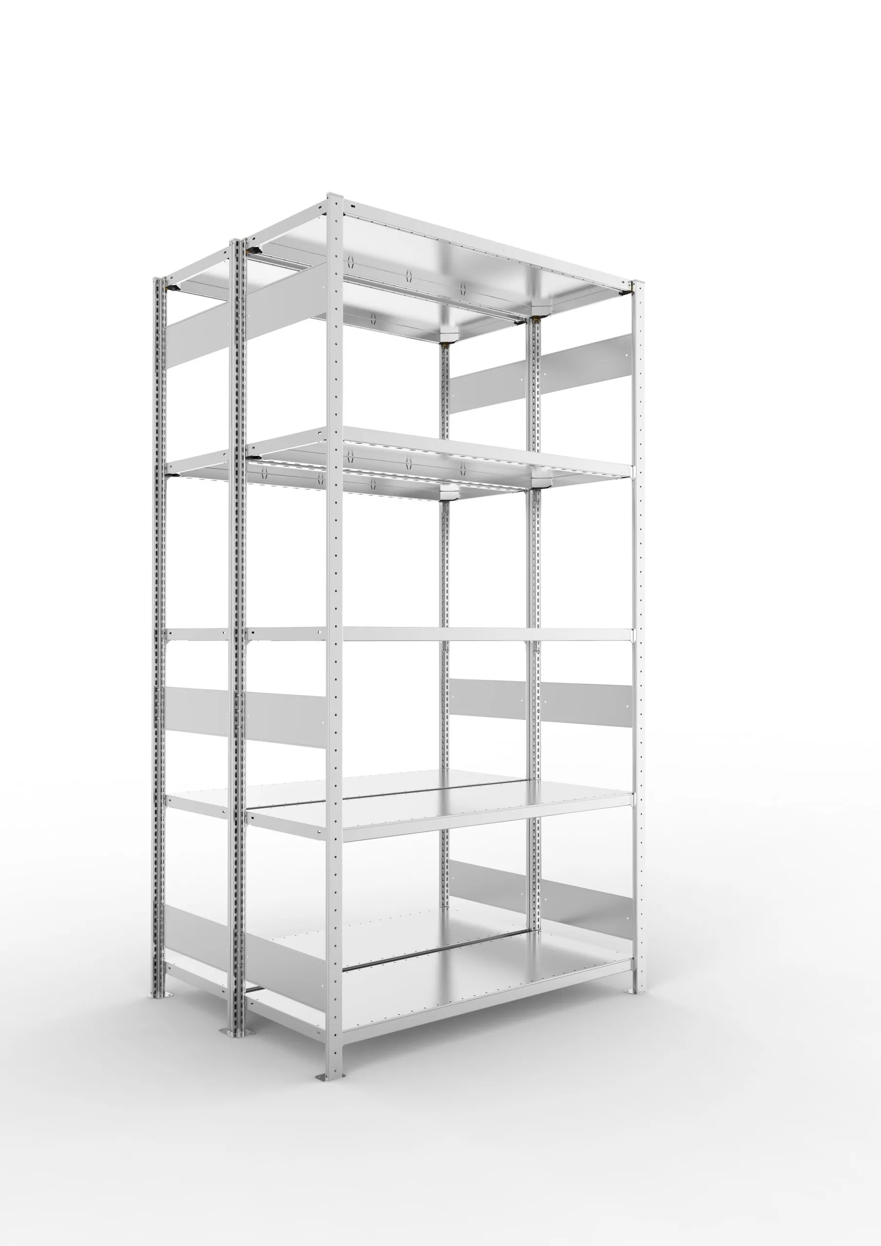 Meta Fachbodenregal Stecksystem S3 CLIP | Grundregal | HxBxT 250x130x100cm | 5 Ebenen | Fachlast 230kg | Doppelseitige Bauart | Verzinkt