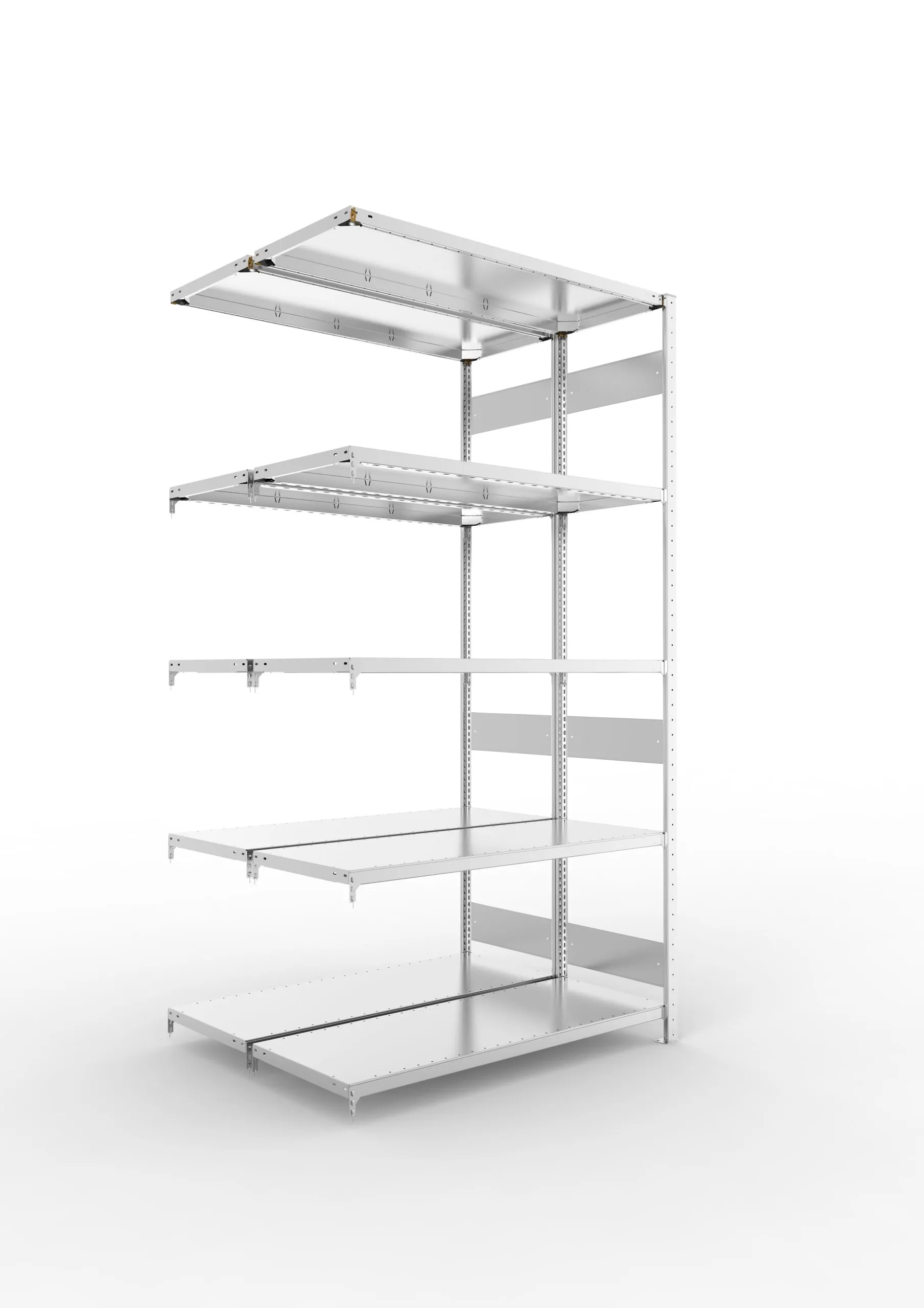 Meta Fachbodenregal Stecksystem S3 CLIP | Anbauregal | HxBxT 250x130x100cm | 5 Ebenen | Fachlast 230kg | Doppelseitige Bauart | Verzinkt