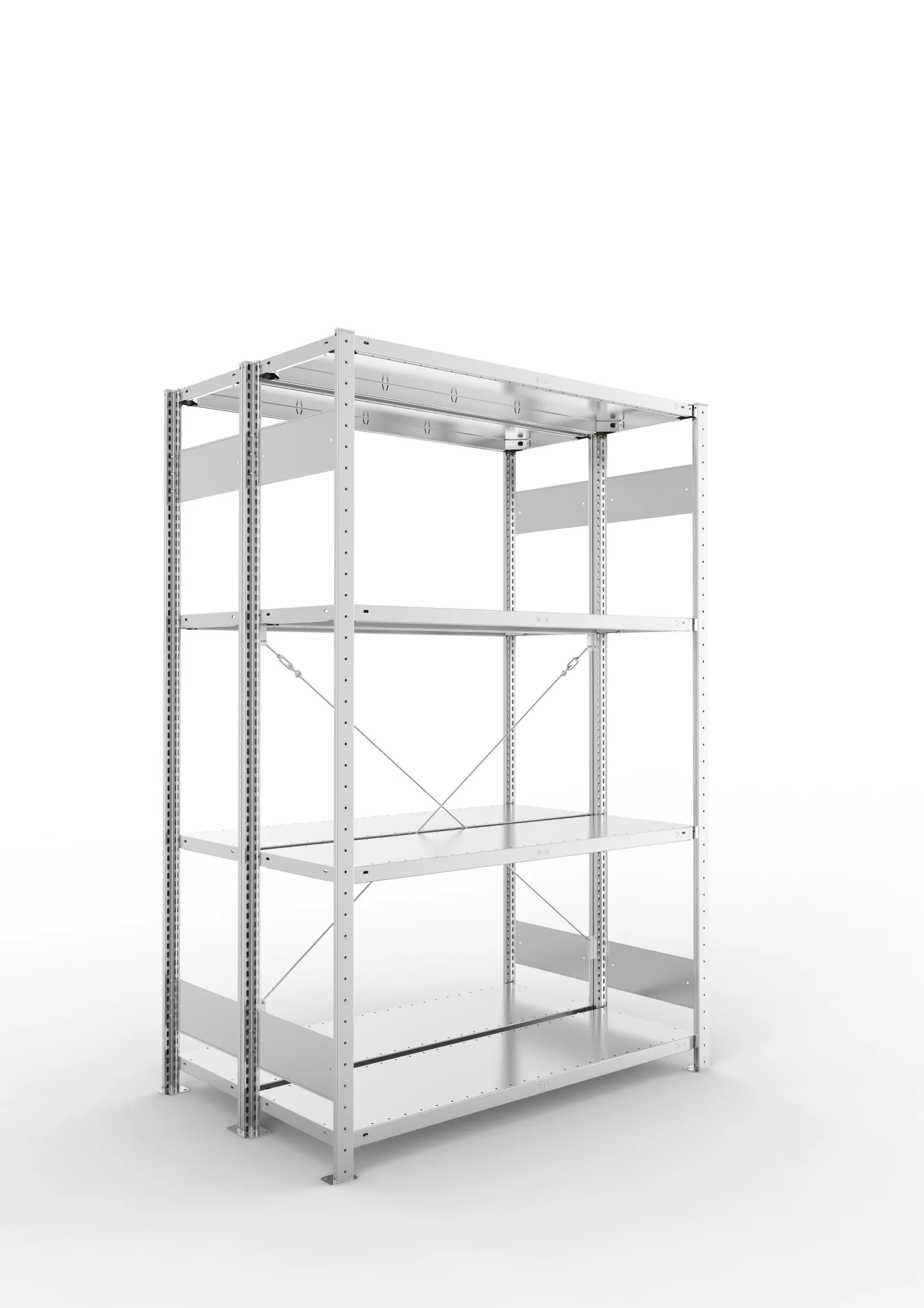 Meta Fachbodenregal Stecksystem S3 CLIP | Grundregal | HxBxT 200x130x80cm | 4 Ebenen | Fachlast 150kg | Doppelseitige Bauart mit Diagonalverstrebung | Verzinkt