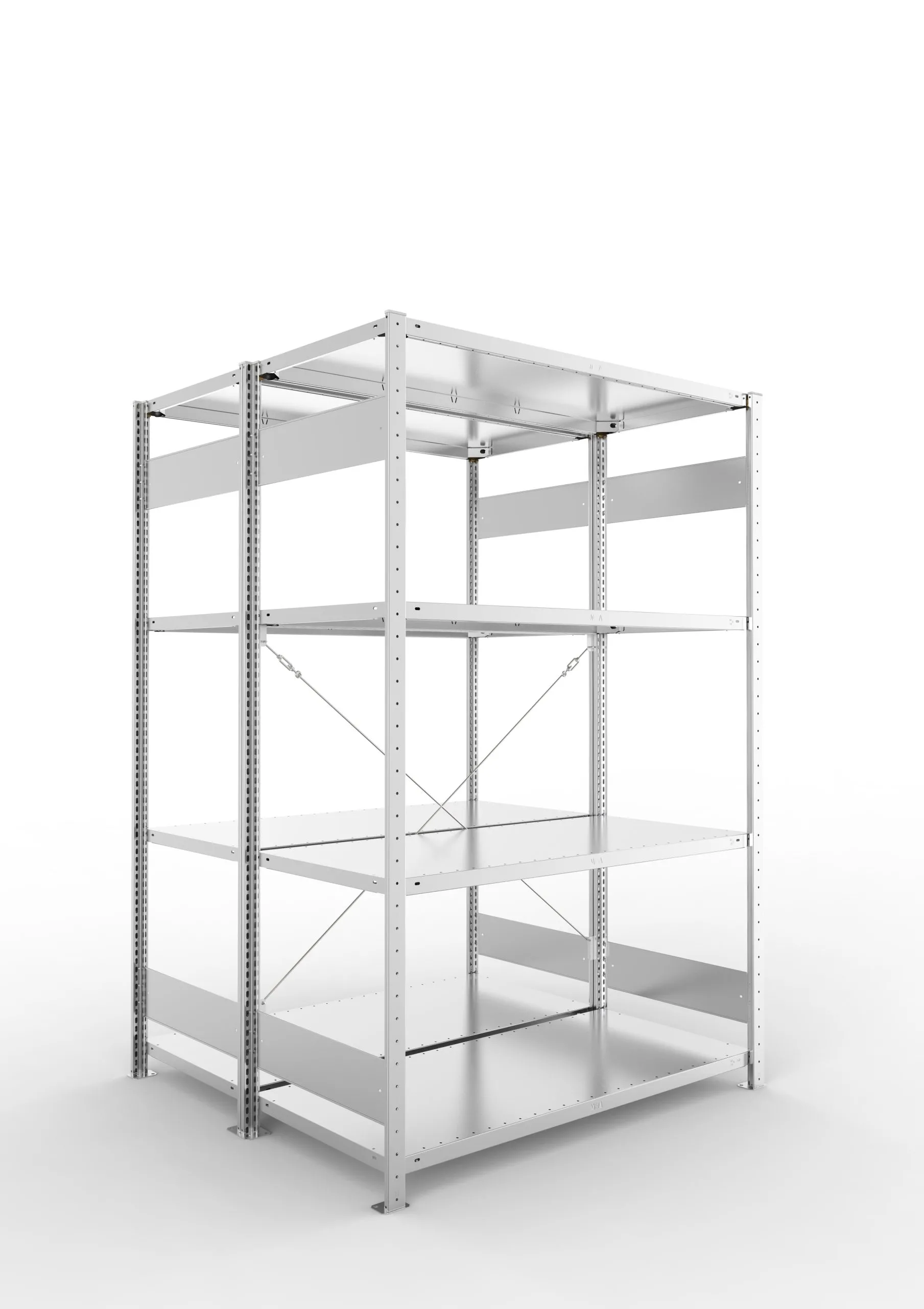 Meta Fachbodenregal Stecksystem S3 CLIP | Grundregal | HxBxT 200x130x120cm | 4 Ebenen | Fachlast 150kg | Doppelseitige Bauart mit Diagonalverstrebung | Verzinkt