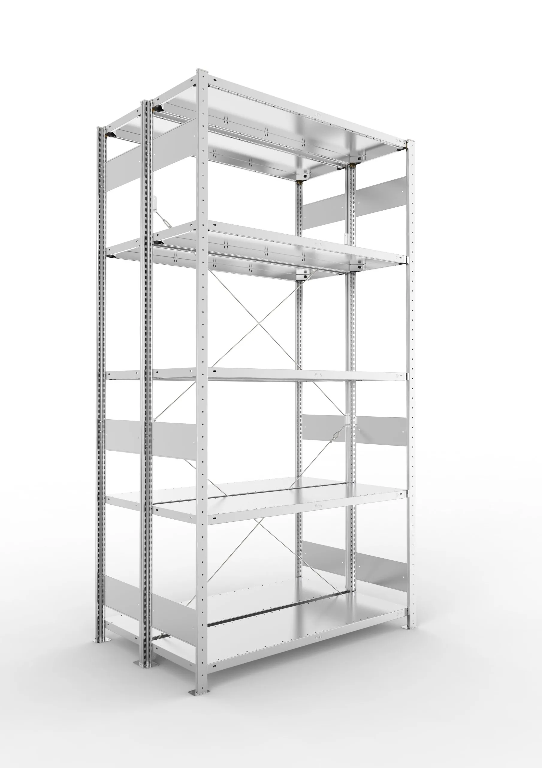 Meta Fachbodenregal Stecksystem S3 CLIP | Grundregal | HxBxT 250x130x80cm | 5 Ebenen | Fachlast 150kg | Doppelseitige Bauart mit Diagonalverstrebung | Verzinkt