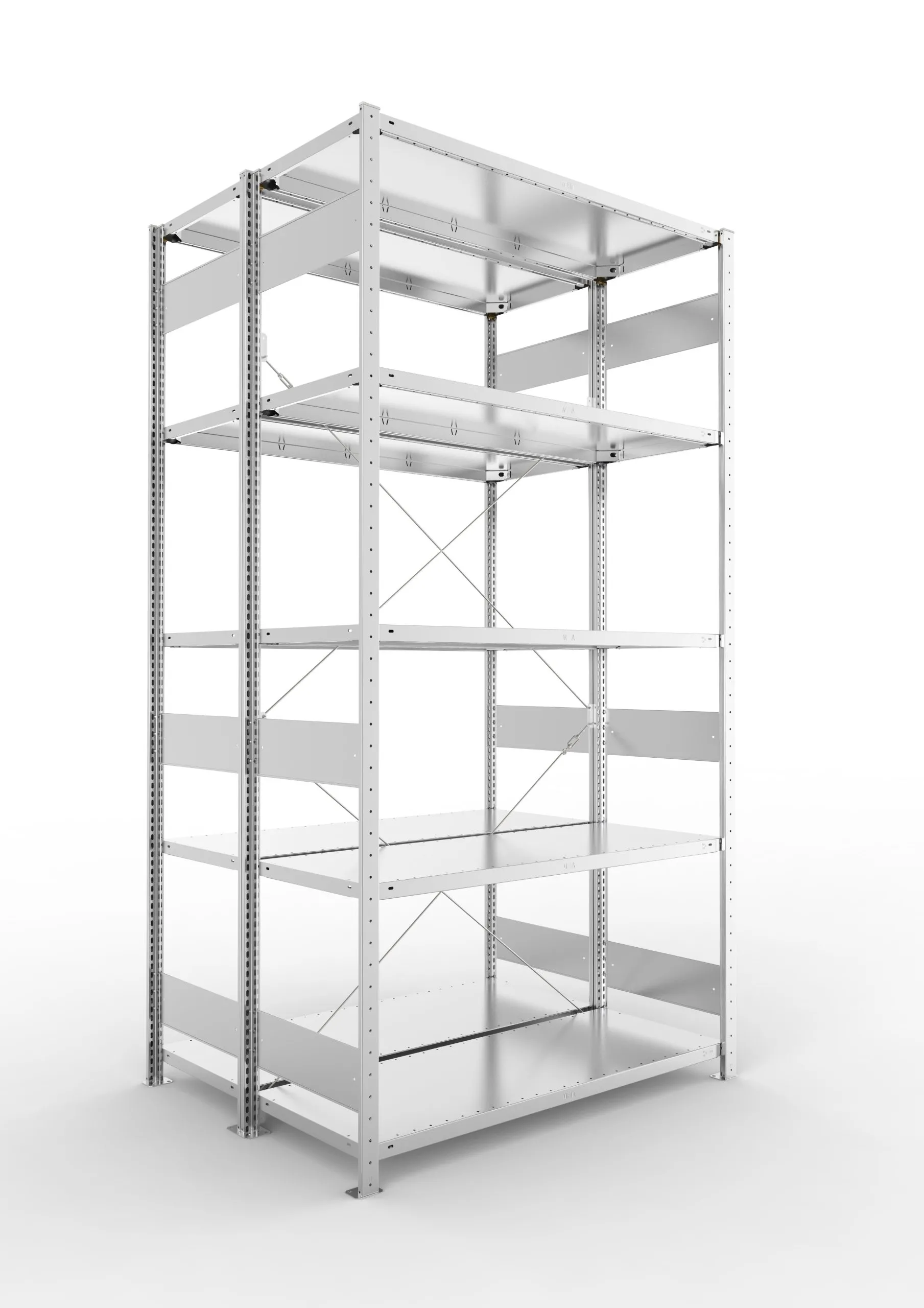 Meta Fachbodenregal Stecksystem S3 CLIP | Grundregal | HxBxT 250x130x100cm | 5 Ebenen | Fachlast 150kg | Doppelseitige Bauart mit Diagonalverstrebung | Verzinkt