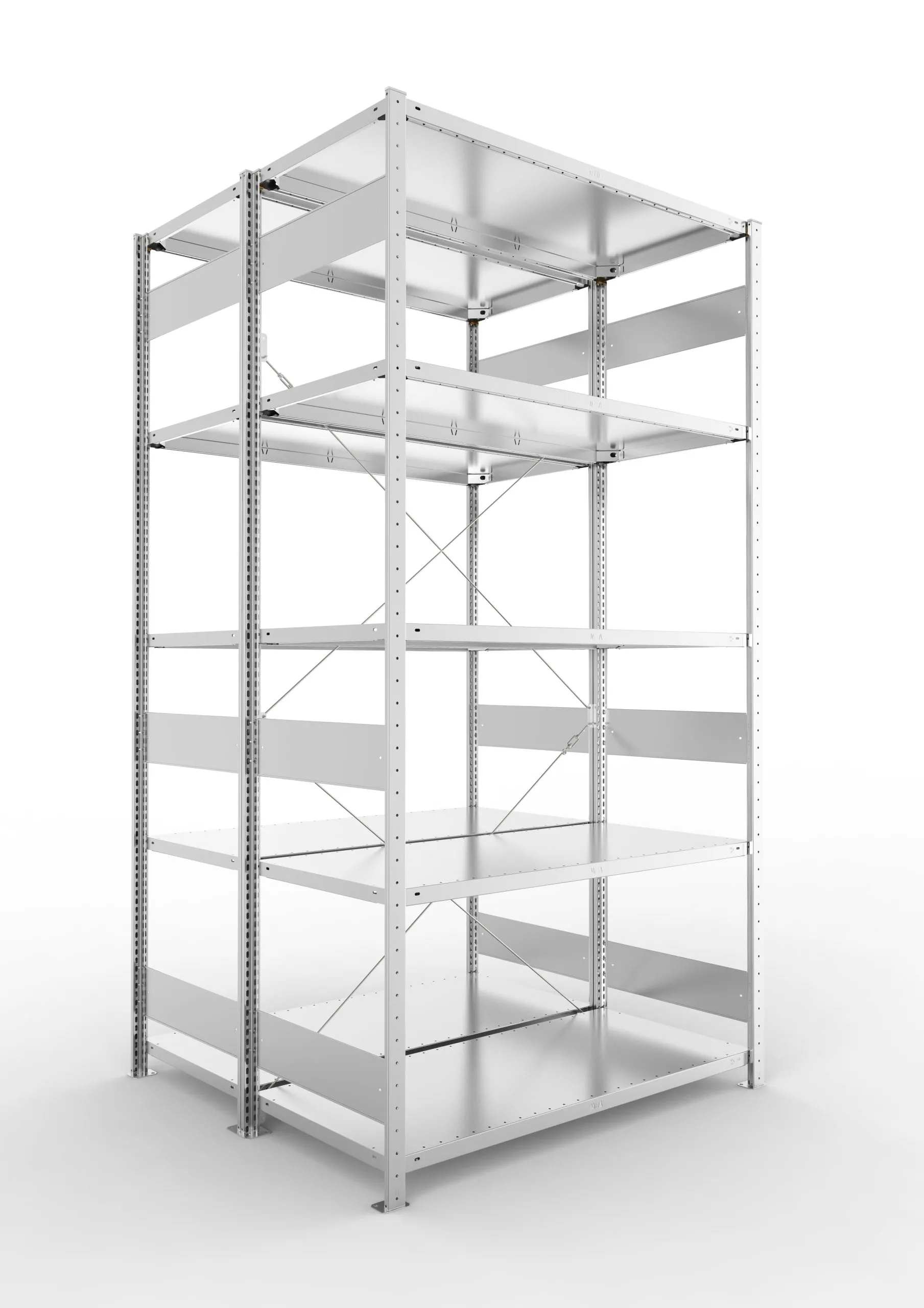 Meta Fachbodenregal Stecksystem S3 CLIP | Grundregal | HxBxT 250x130x120cm | 5 Ebenen | Fachlast 150kg | Doppelseitige Bauart mit Diagonalverstrebung | Verzinkt