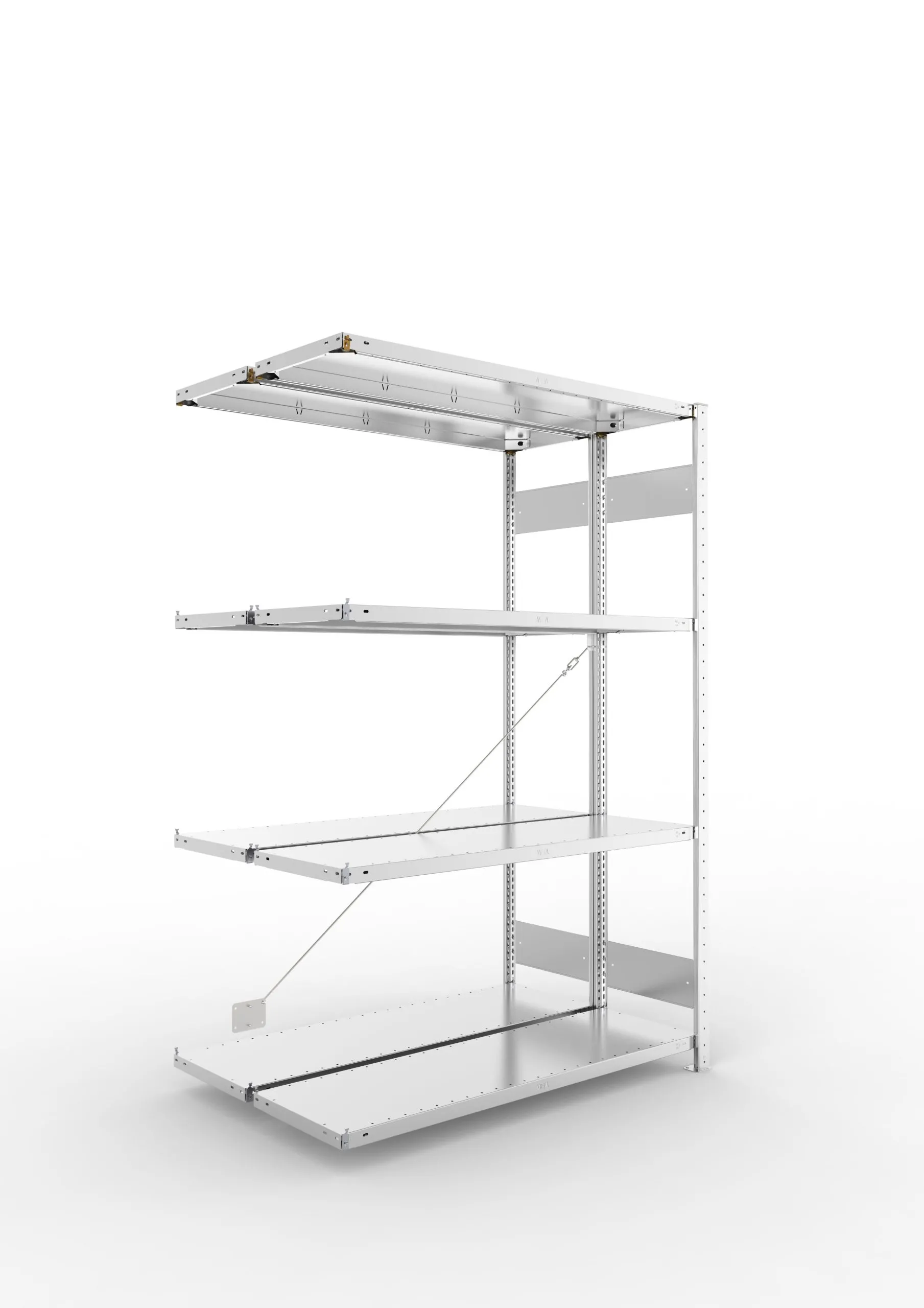 Meta Fachbodenregal Stecksystem S3 CLIP | Anbauregal | HxBxT 200x130x80cm | 4 Ebenen | Fachlast 150kg | Doppelseitige Bauart mit Diagonalverstrebung | Verzinkt
